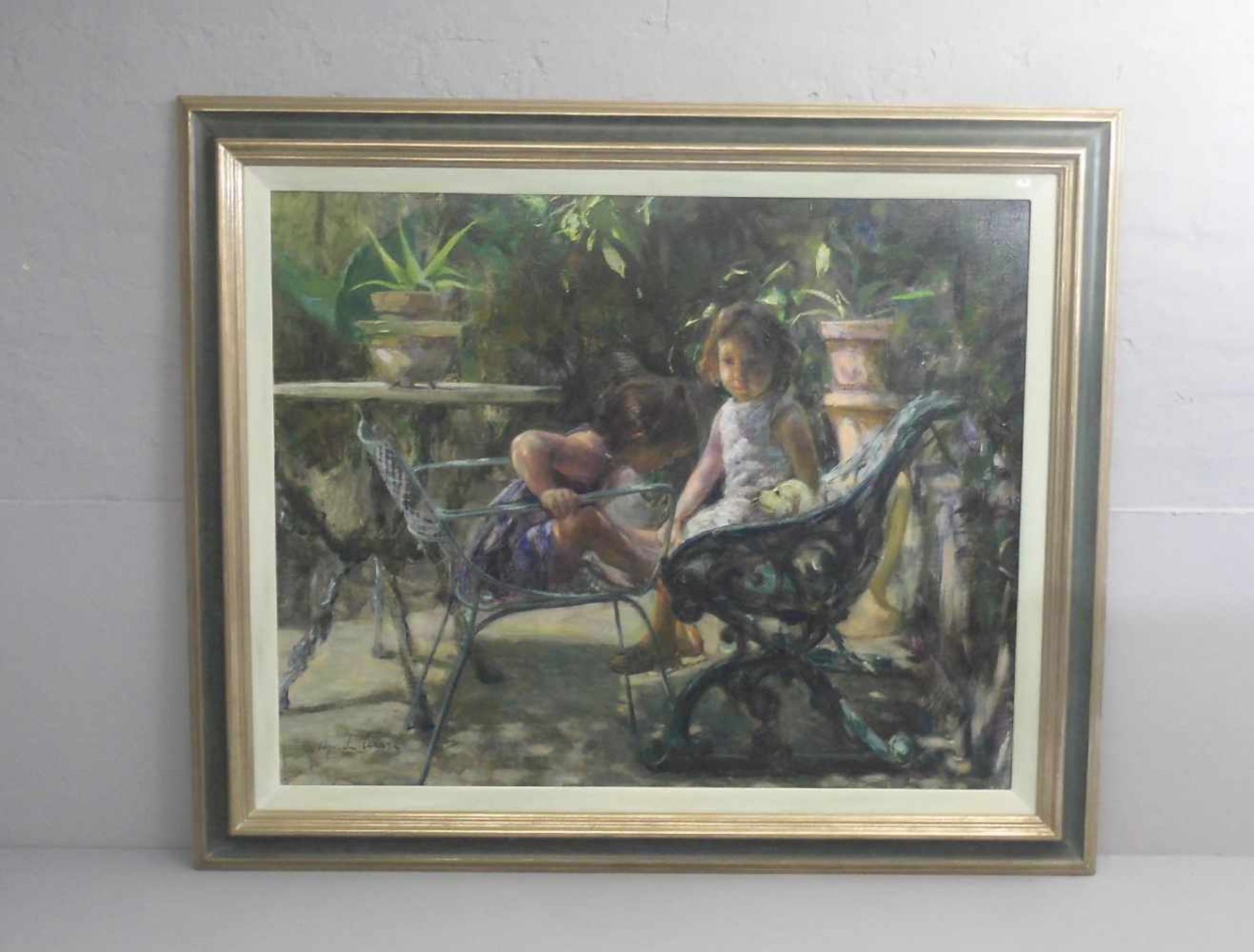 DE CESARE, UGO (geb. 1950 in Neapel), Gemälde / painting: "Zwei Mädchen und Welpe im Park", Öl auf