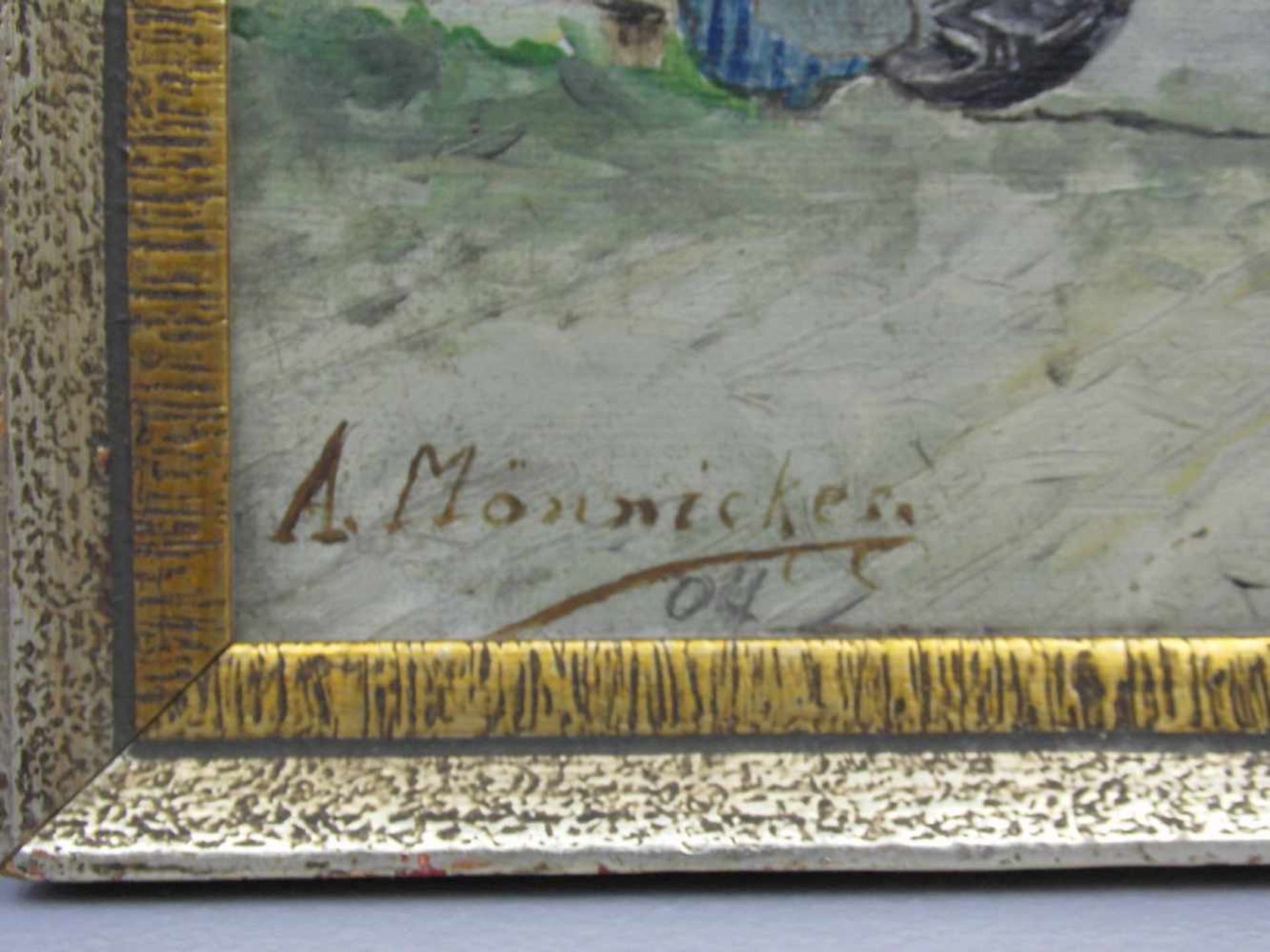 MÖNNICKES, A. (20 Jh.), Gemälde / painting: "Holländische Hafenszene", Öl auf Platte / Karton, u. l. - Image 2 of 3