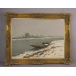 REUTER, HELMUT (Düsseldorf 1913-1985), Gemälde / painting: "Winterliche Flusslandschaft mit Booten",