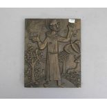 RELIEF: "Franz von Assisi", Bronze, hellbraun patiniert, stilisierte gearbeitet als Hochrelief.