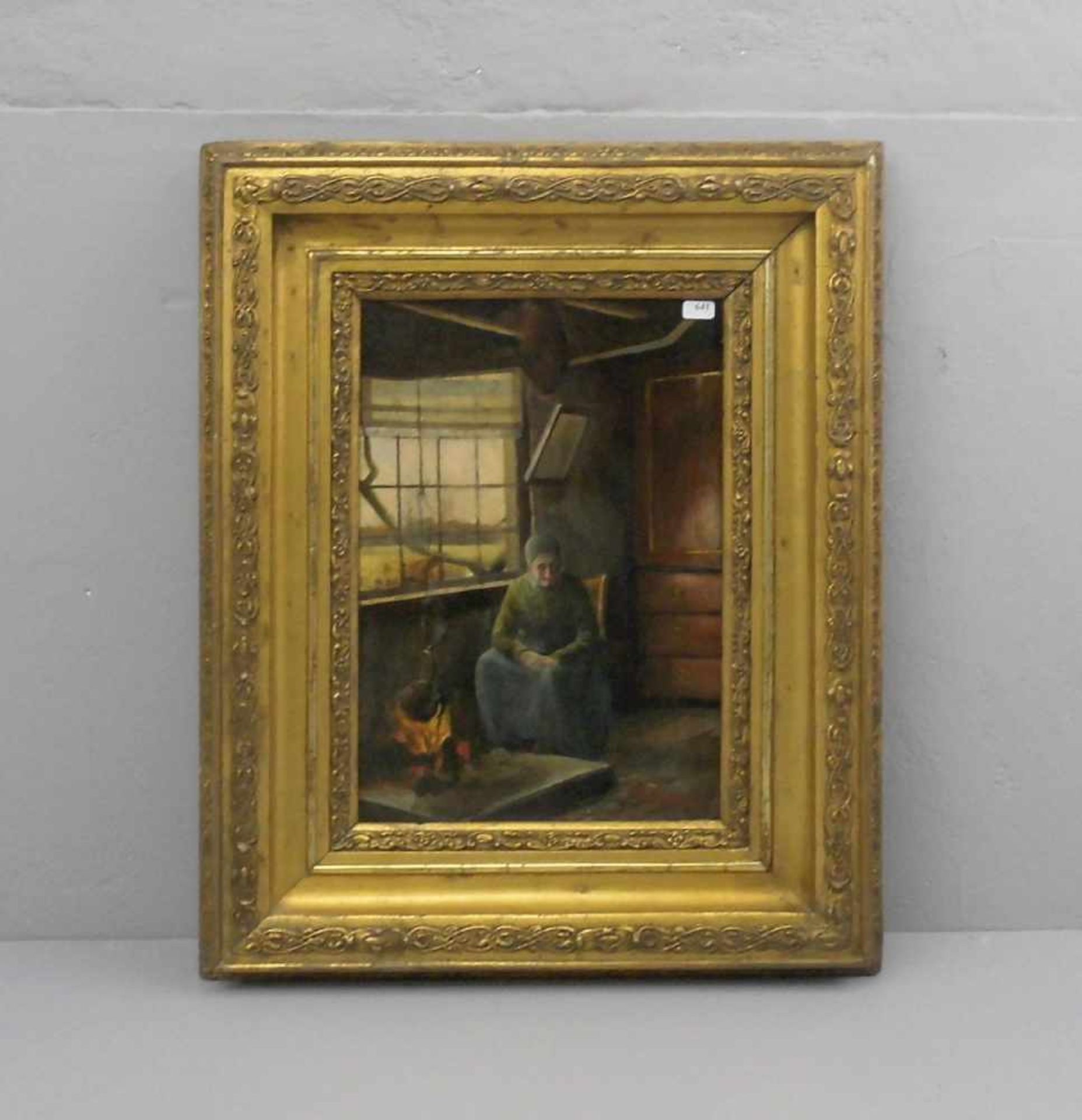 RADENBURG, H. (Maler des 19./20. Jh.), Gemälde / painting: "Interieur mit Frau am Herdfeuer", Öl auf