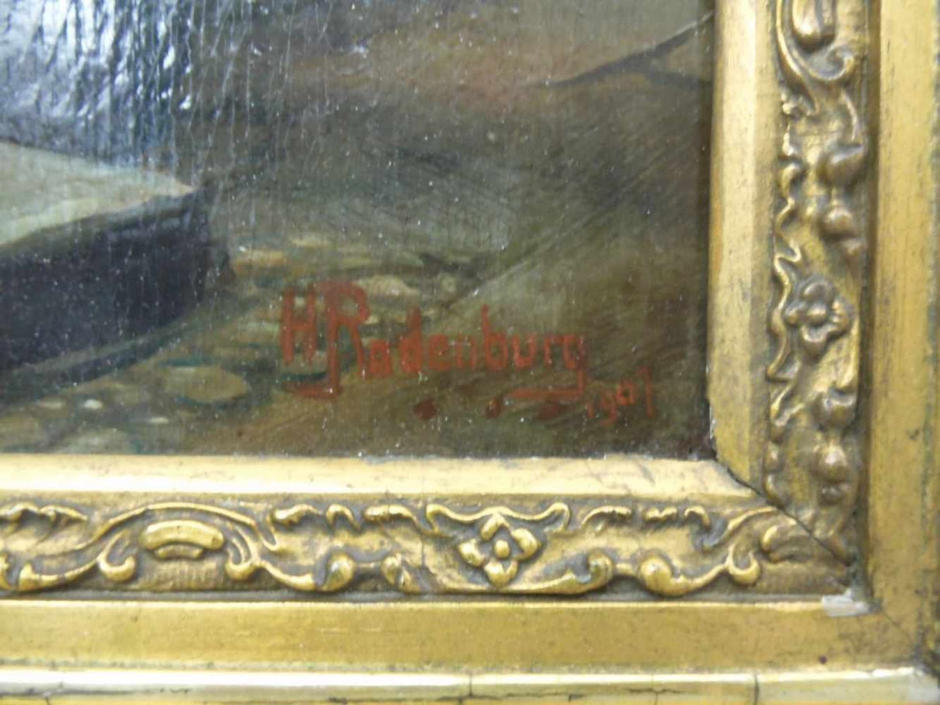 RADENBURG, H. (Maler des 19./20. Jh.), Gemälde / painting: "Interieur mit Frau am Herdfeuer", Öl auf - Image 2 of 3