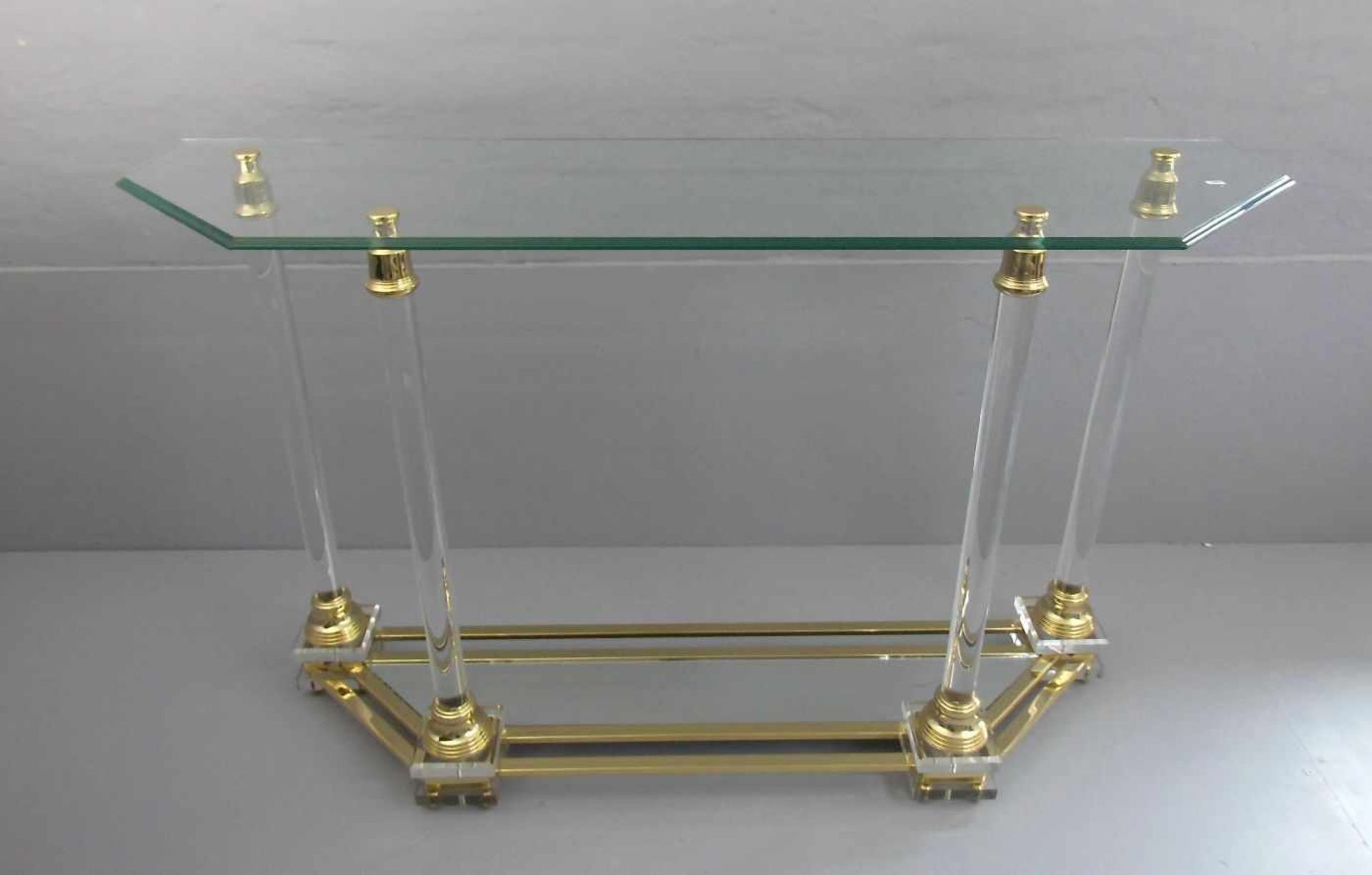 KONSOLTISCH, Glas, Acrylglas, Spiegel und Metallmonturen, 2. Hälfte 20. Jh.; trapezförmiger