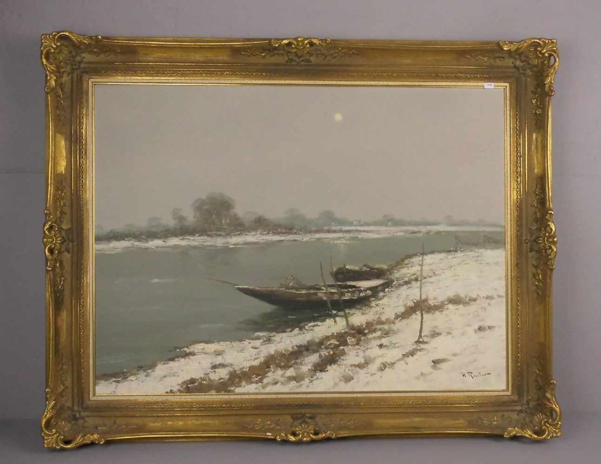 REUTER, HELMUT (Düsseldorf 1913-1985), Gemälde / painting: "Winterliche Flusslandschaft mit Booten",