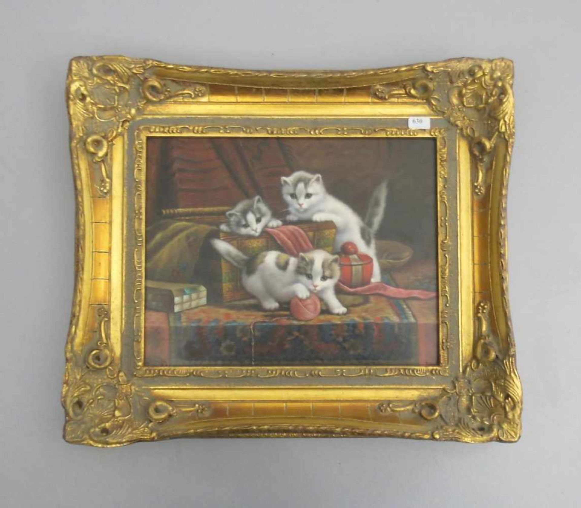 PETENY (20./21. Jh.), Gemälde / painting: "Stillleben mit spielenden Katzen", Öl auf Holz / oil on