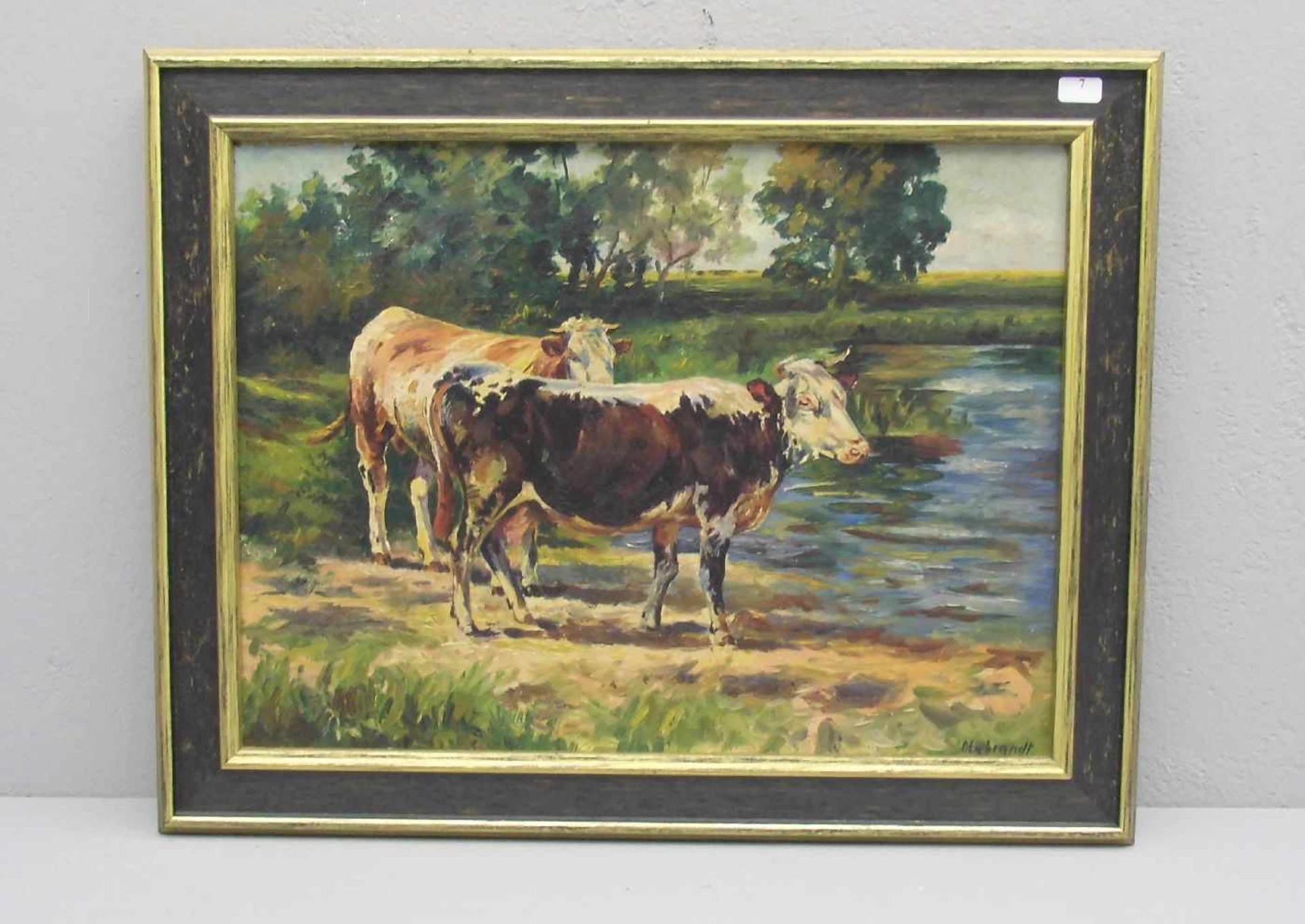 GEMÄLDE / painting: "Kühe am von Bäumen gesäumtem Flussufer", Öl auf Leinwand / oil on canvas, u. r.