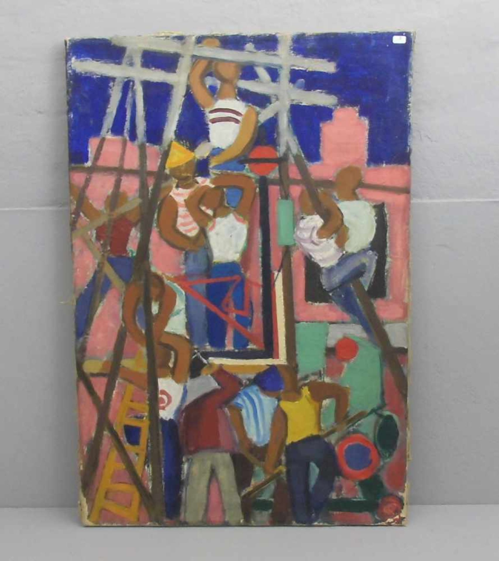 ANONYMUS (Maler des 19./20. Jh.), Gemälde / painting: "Baustelle mit Gerüstbauern", Öl auf