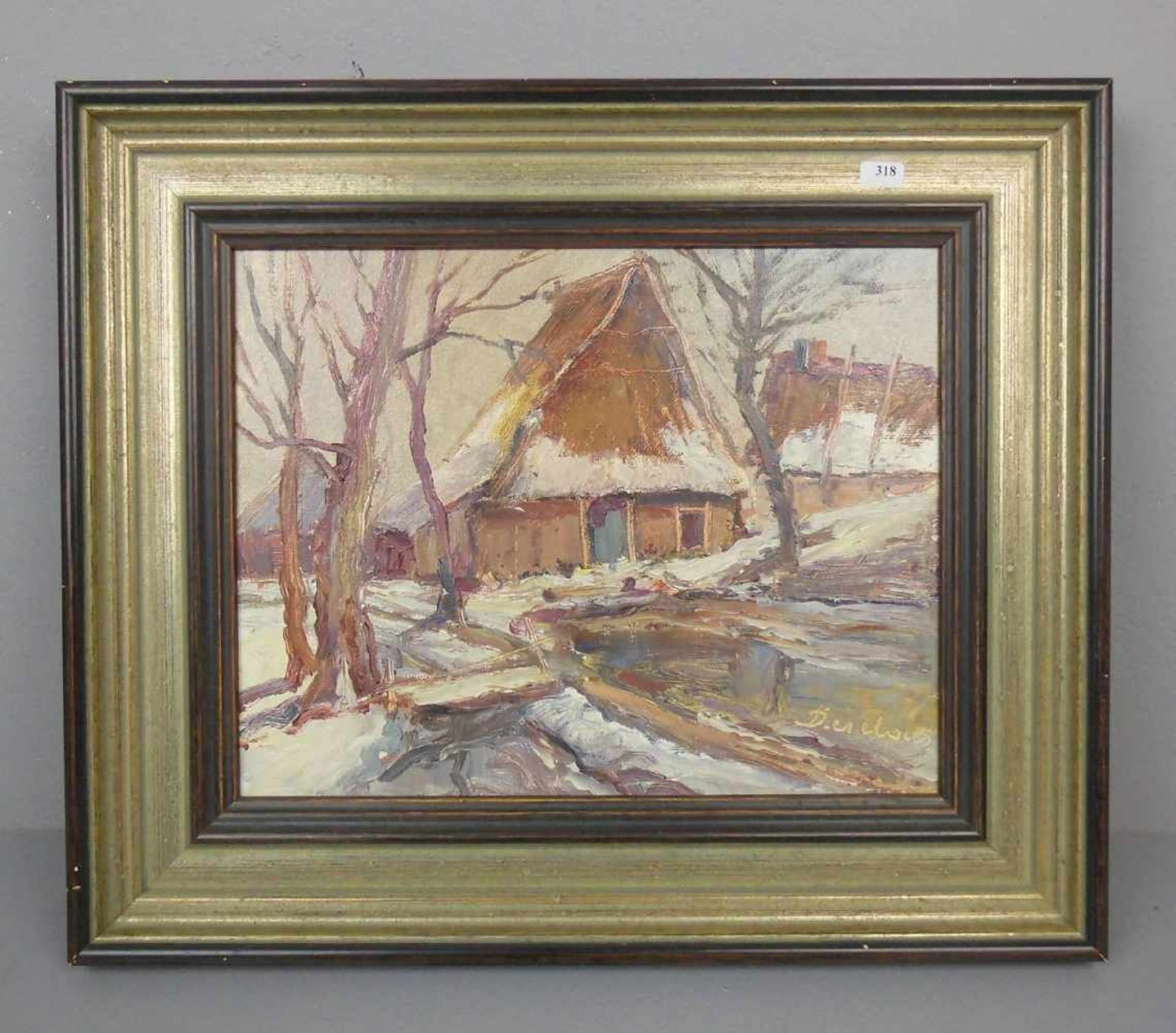 GEMÄLDE / painting: "Winterdatcha", Öl auf Hartfaserplatte, u. r. unleserlich signiert, rückseitig