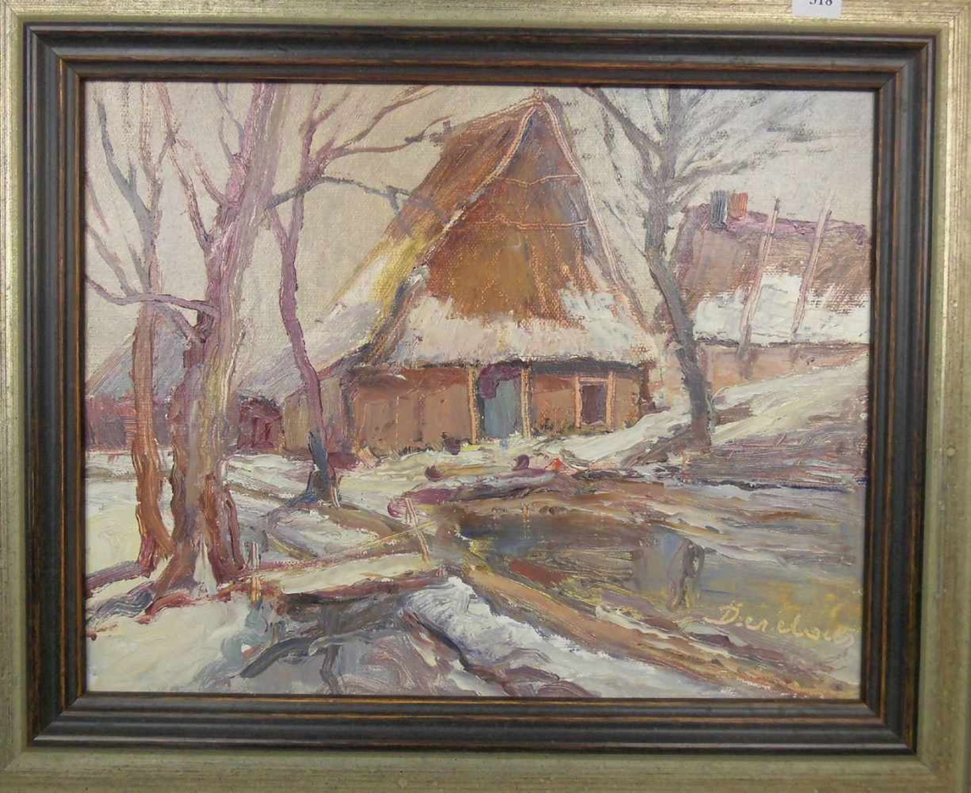 GEMÄLDE / painting: "Winterdatcha", Öl auf Hartfaserplatte, u. r. unleserlich signiert, rückseitig - Image 2 of 4