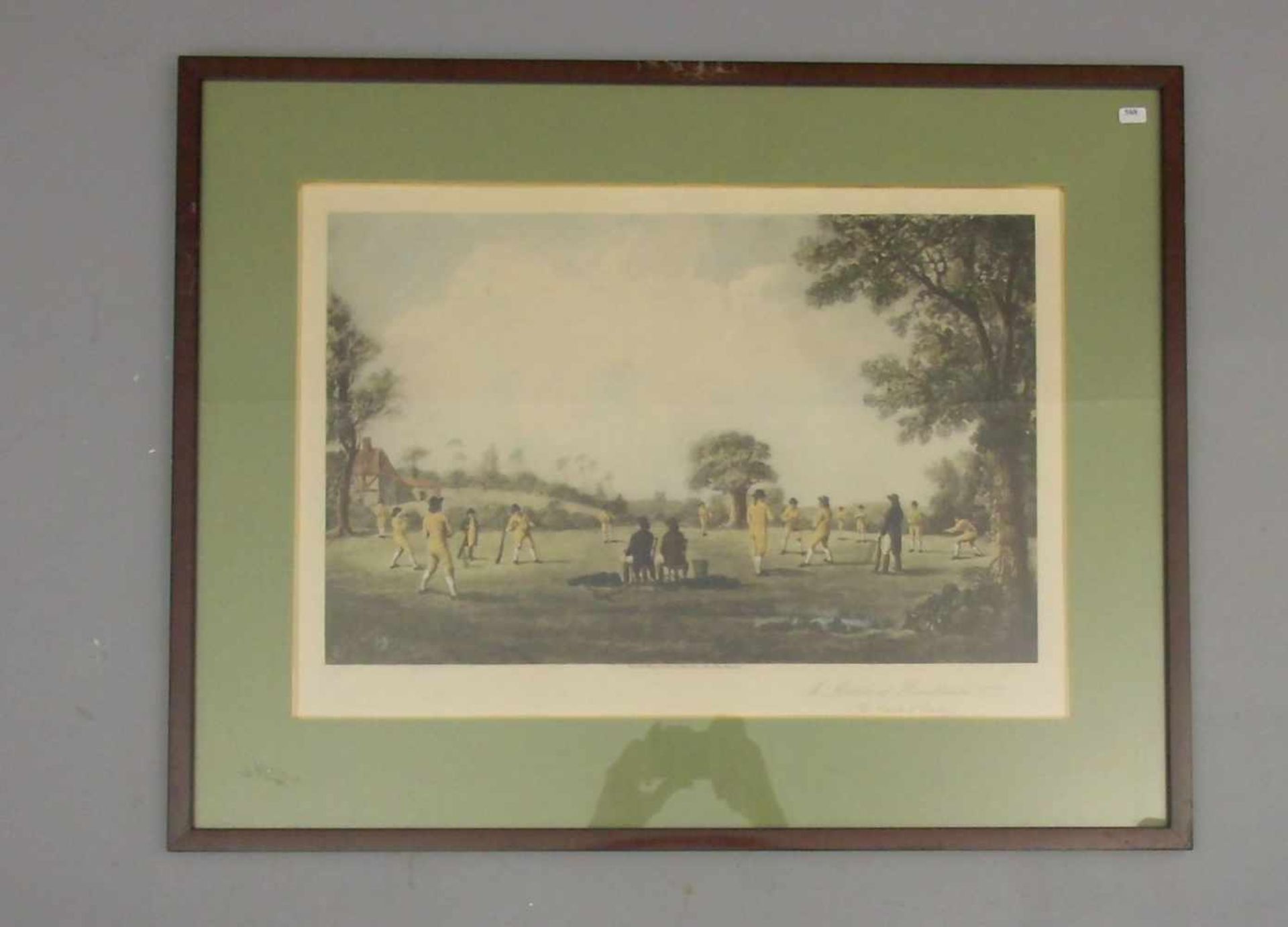 GRAFIK ZUM KRICKET-SPIEL: "A MATCH AT HAMBLEDON 1777 ("The Craddle of Cricket"), Farbdruck, "