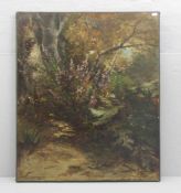 GEMÄLDE / painting: "Waldweg mit blühenden Stauden", Öl auf Leinwand / oil on canvas, u. r.