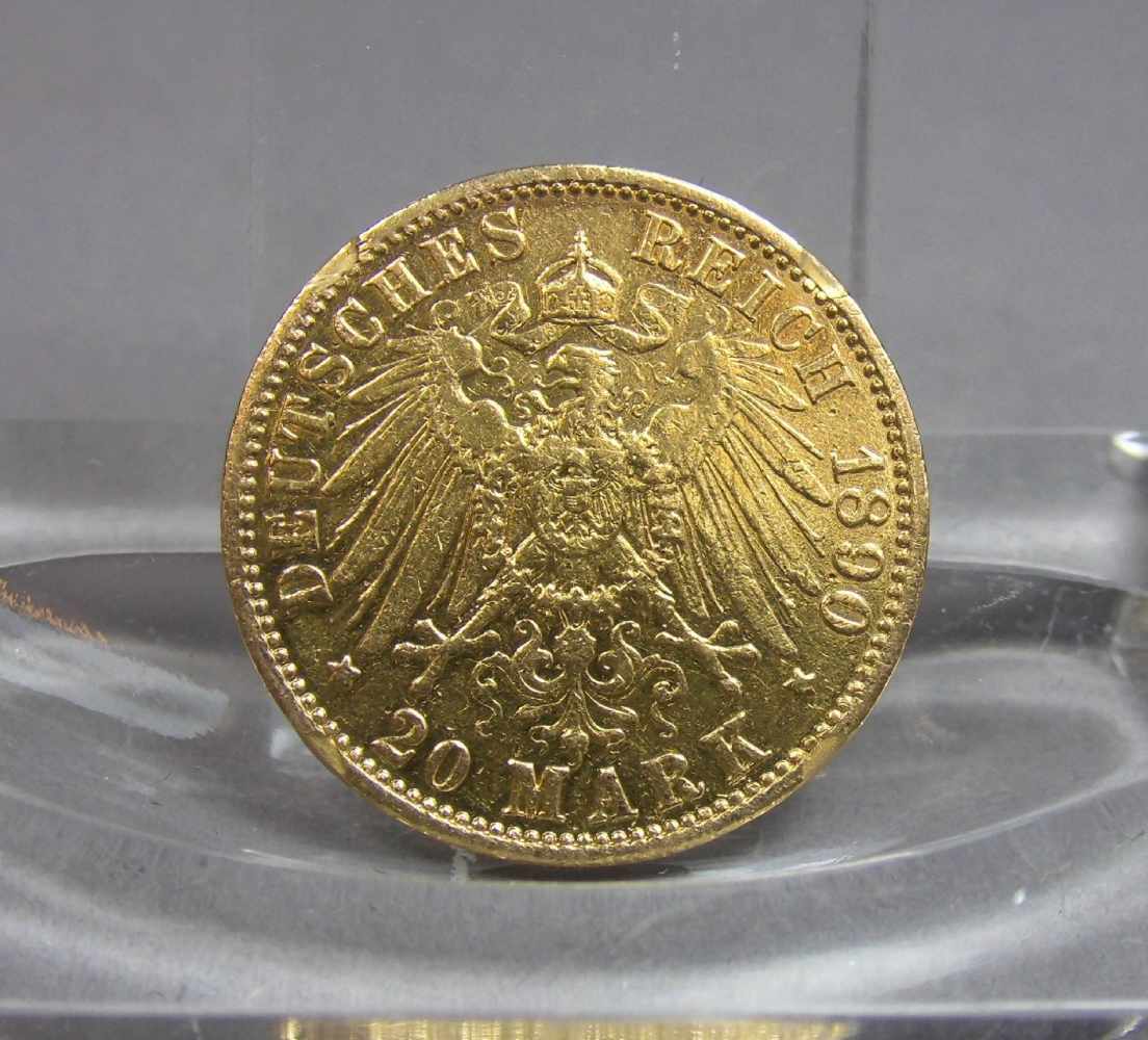 GOLDMÜNZE: DEUTSCHES REICH - 20 MARK, 1890, 7,92 Gramm, 900er Gold. Münze bez. "Deutsches Reich 1890