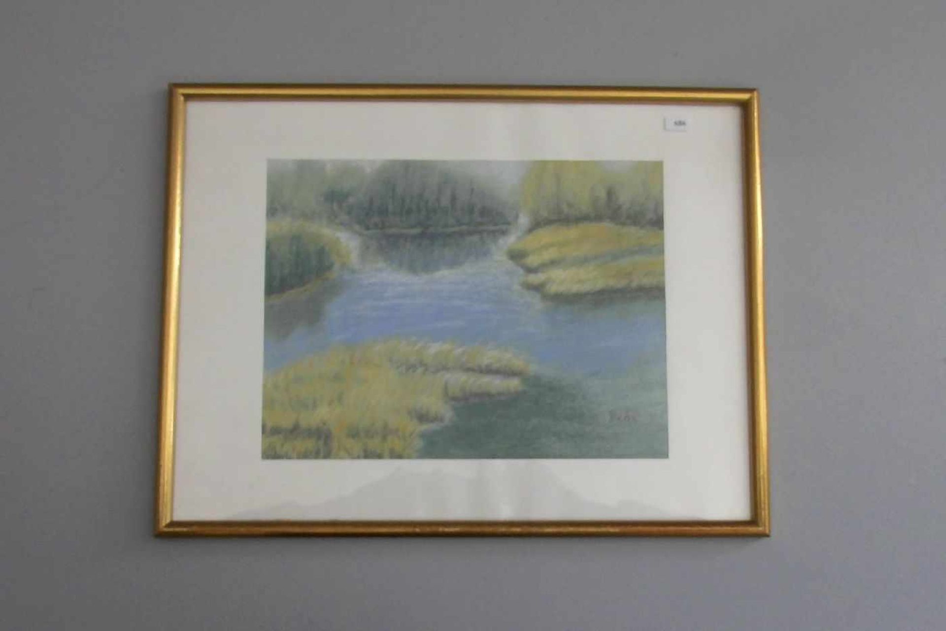 DEHN (20. Jh.), Pastell: "Seenlandschaft mit Schilffeldern", u. r. mit Bleistift signiert "Dehn".