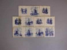 KONVOLUT FLIESEN MIT HOLLÄNDISCHEN MOTIVEN / tiles, 20. Jh., blaues Druckdekor in Art der