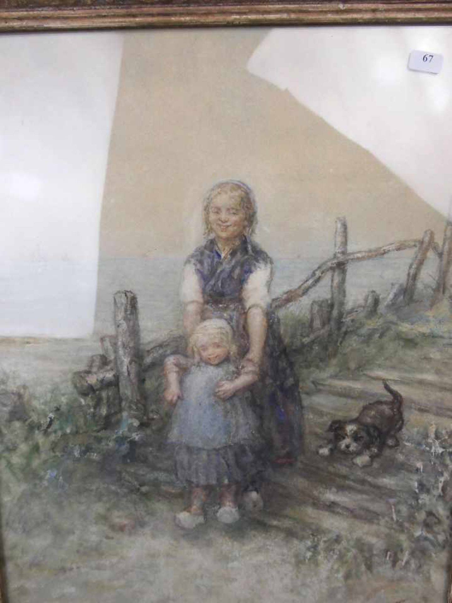 VERVEER, ELCHANON LEONARDUS (Den Haag 1826-1900 ebd.), Pastell: "Kinder und Welpe an der Küste", - Bild 3 aus 5