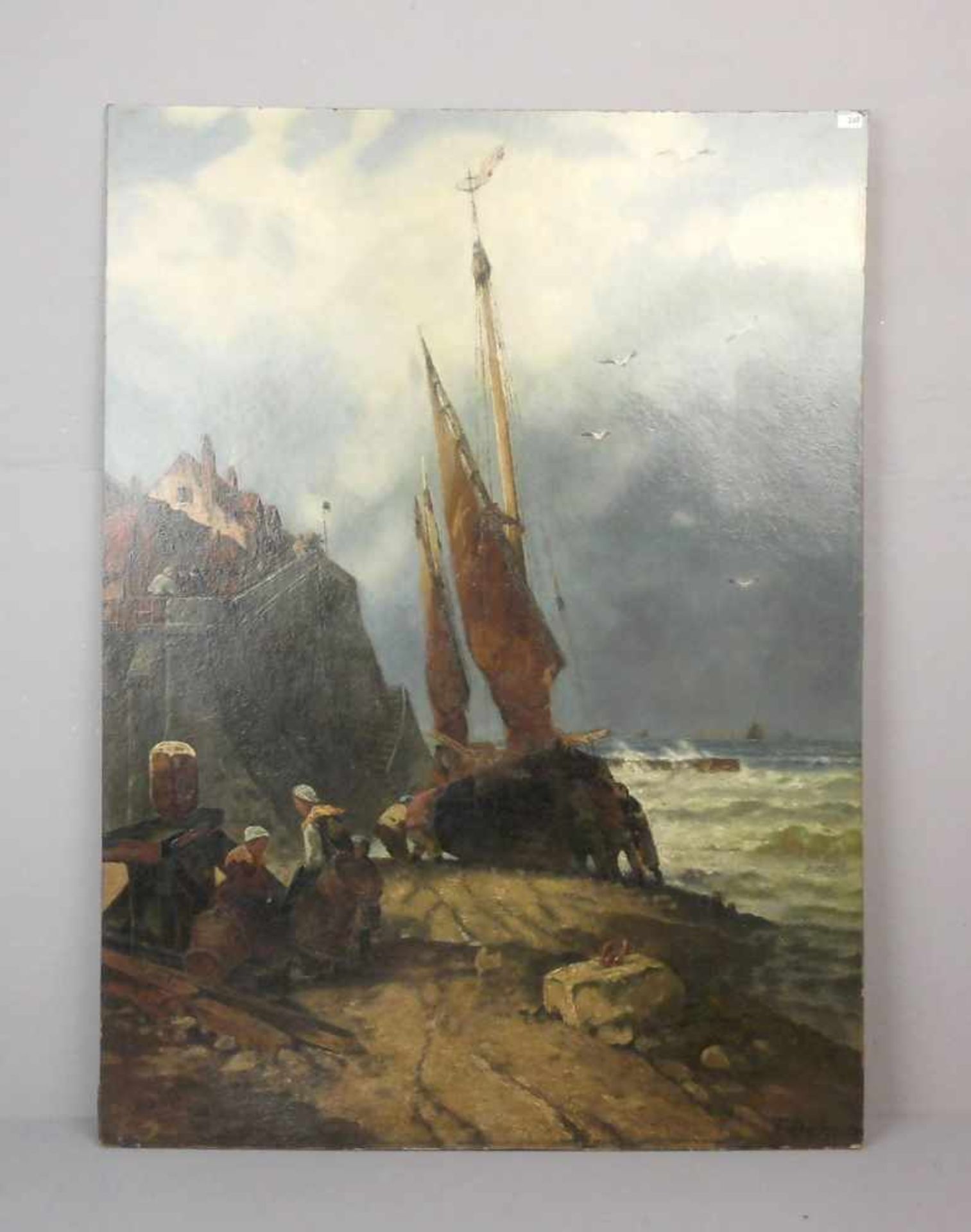 OEHME, ERNST ERWIN (Dresden 1831-1907 ebd.), Gemälde / painting: "Anlandendes Fischerboot vor