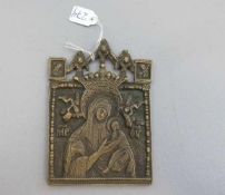 IKONE / REISEIKONE mit Mariendarstellung, Bronze, durchbrochen bekrönt von Seraphen und 2