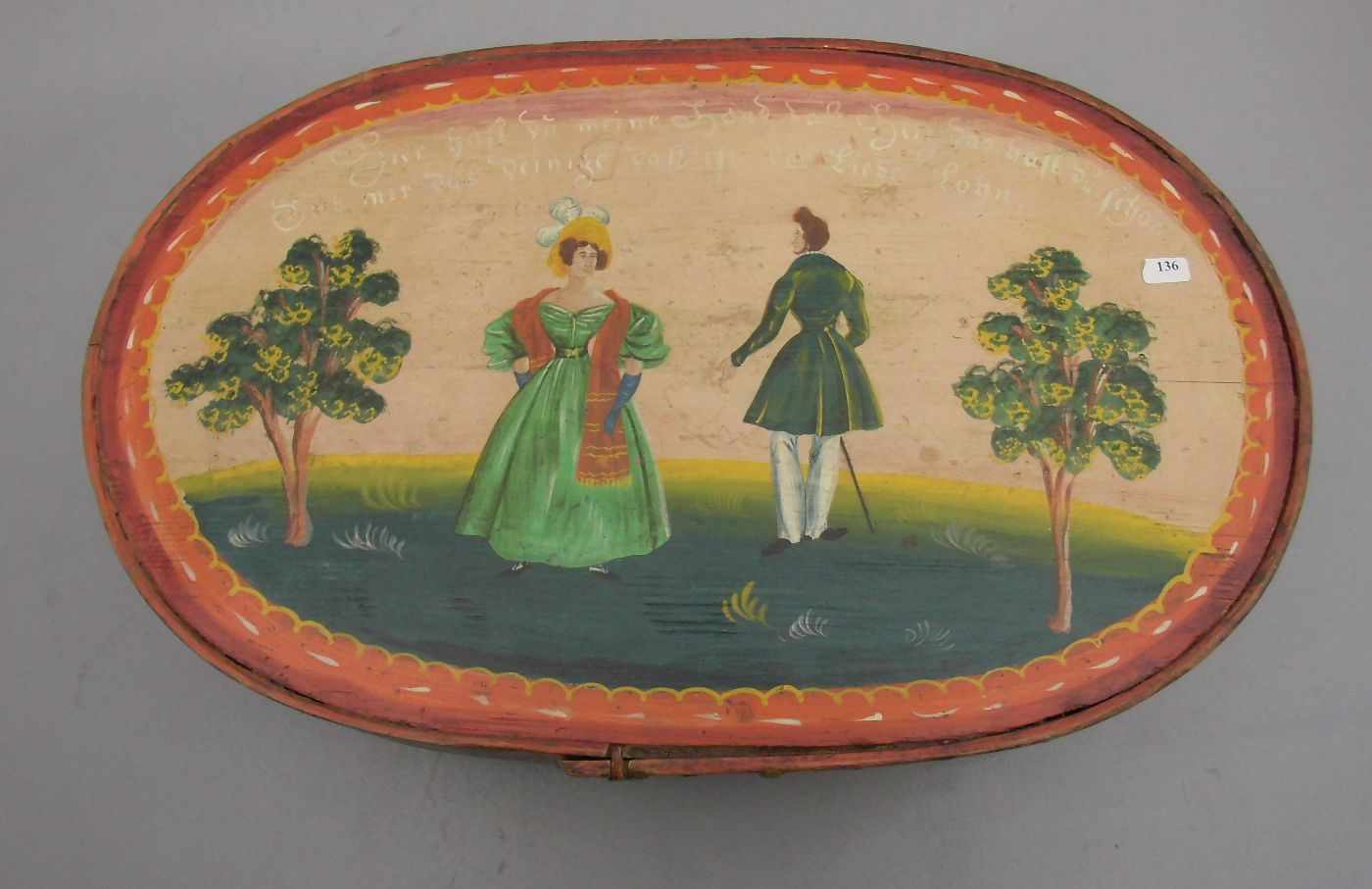 BIEDERMEIER SPANSCHACHTEL / HAUBENSCHACHTEL, Nadelholz mit polychromer Staffage, um 1840; ovale Form - Bild 2 aus 4