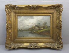 JUNGBLUT, JOHANN (1860-1912), Gemälde / painting: "Dorf mit Mühle am Flusslauf / Niederländische