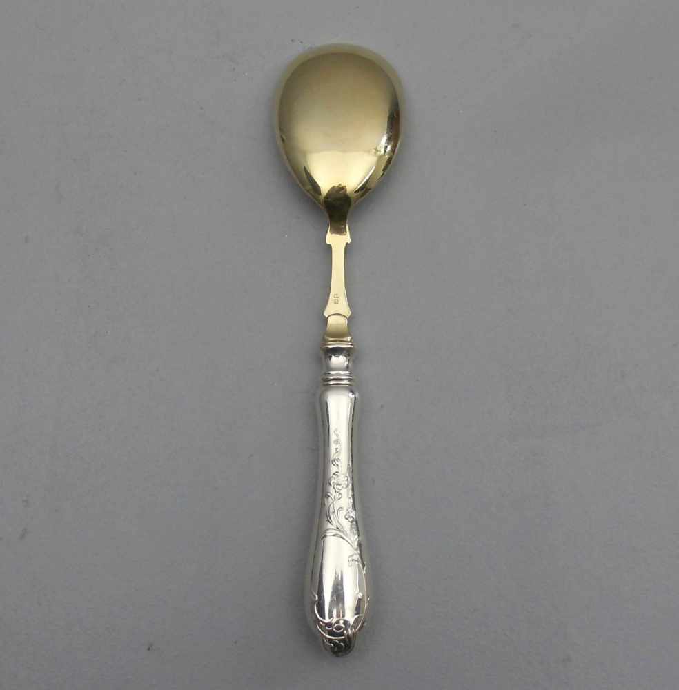 GROSSER JUGENDSTIL VORLEGELÖFFEL / art nouveau serving spoon, versilbertes und vergoldetes Metall, - Image 3 of 4