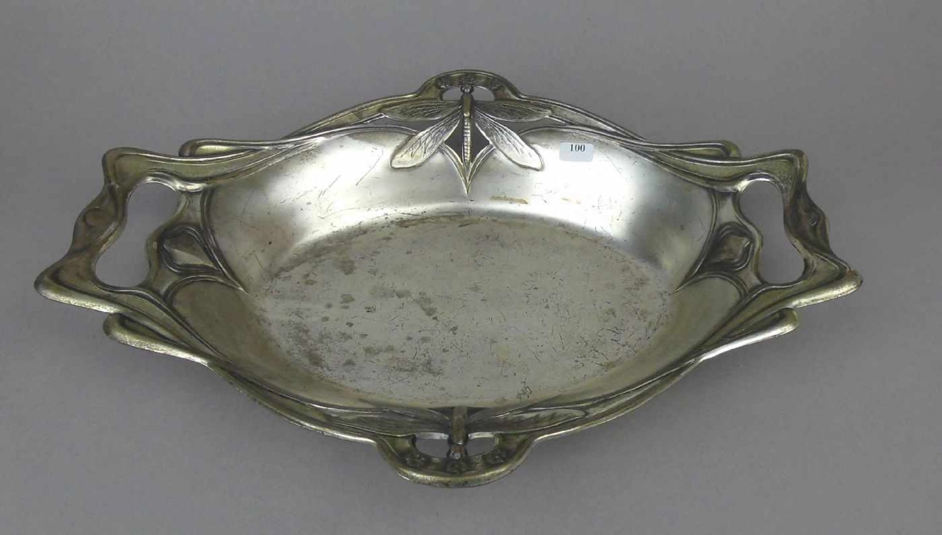 JUGENDSTILSCHALE MIT LIBELLENMOTIV, art nouveau bowl with dragonfly, versilbertes Metall ( - Bild 2 aus 3
