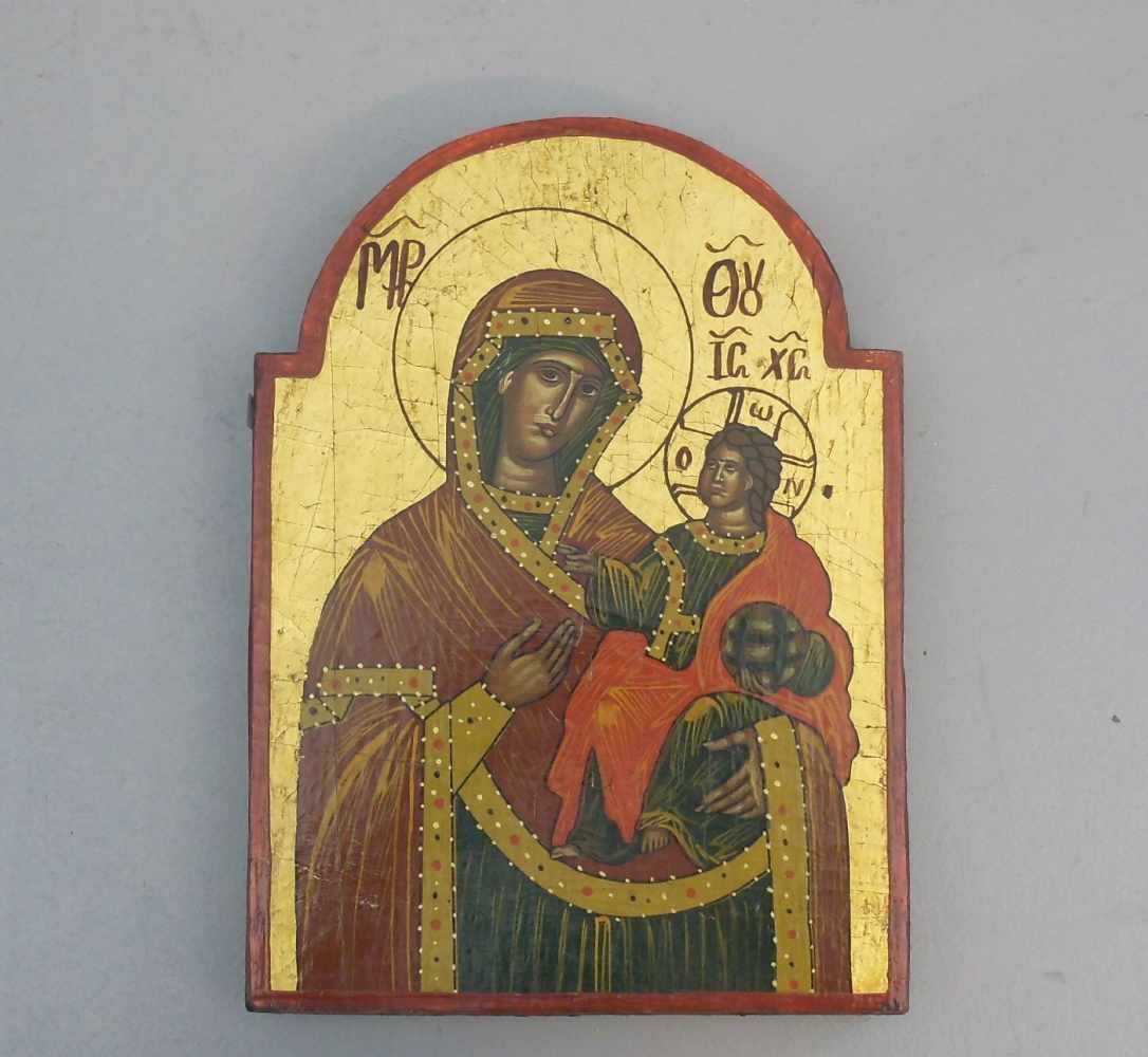 IKONE "Muttergottes", Tempera auf Holz, gearbeitet nach historischem Vorbild, revers auf