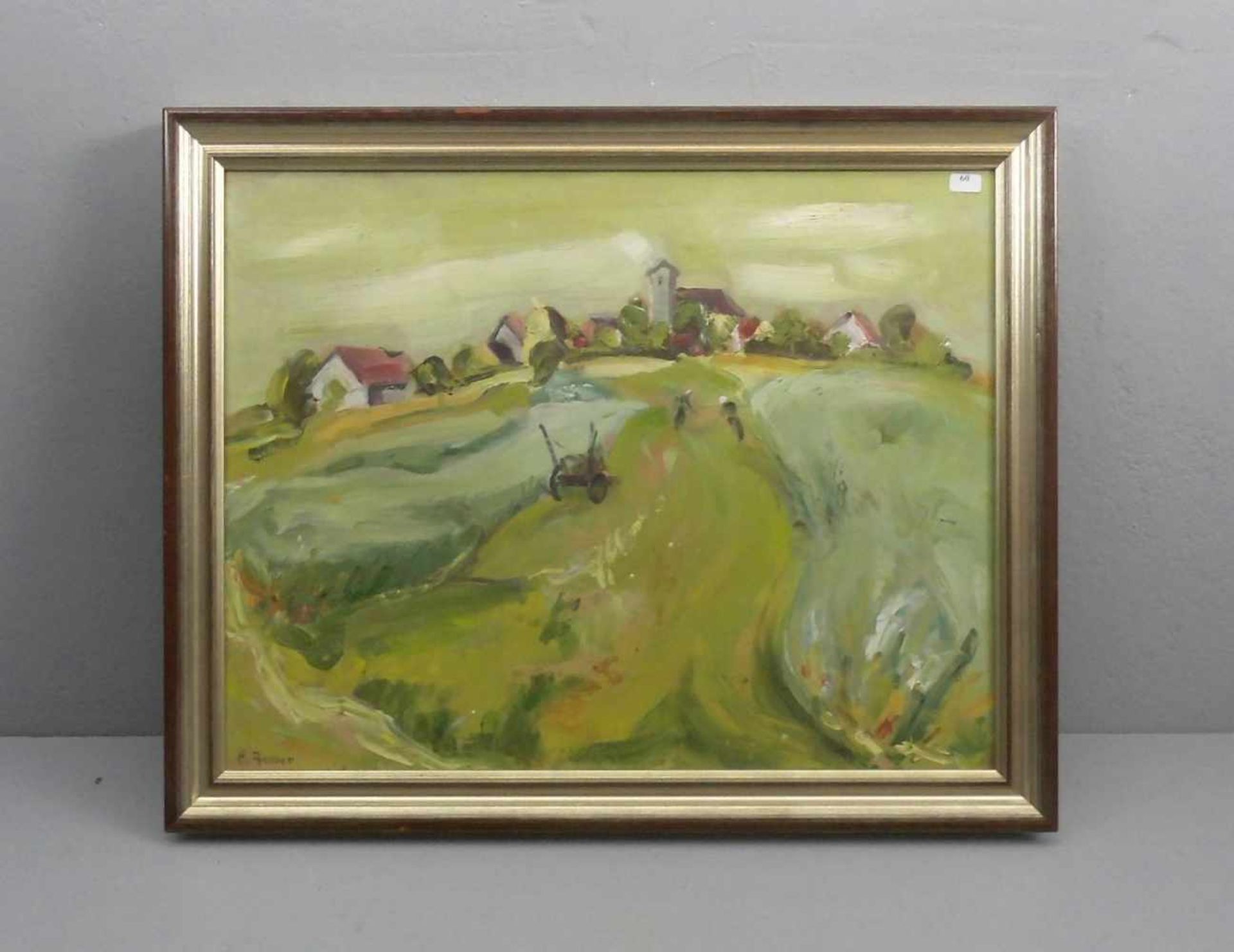 JETTER, EDGAR (geb. 1929), Gemälde / painting: "Sommerliche Landschaft mit fernem Dorf", Öl auf