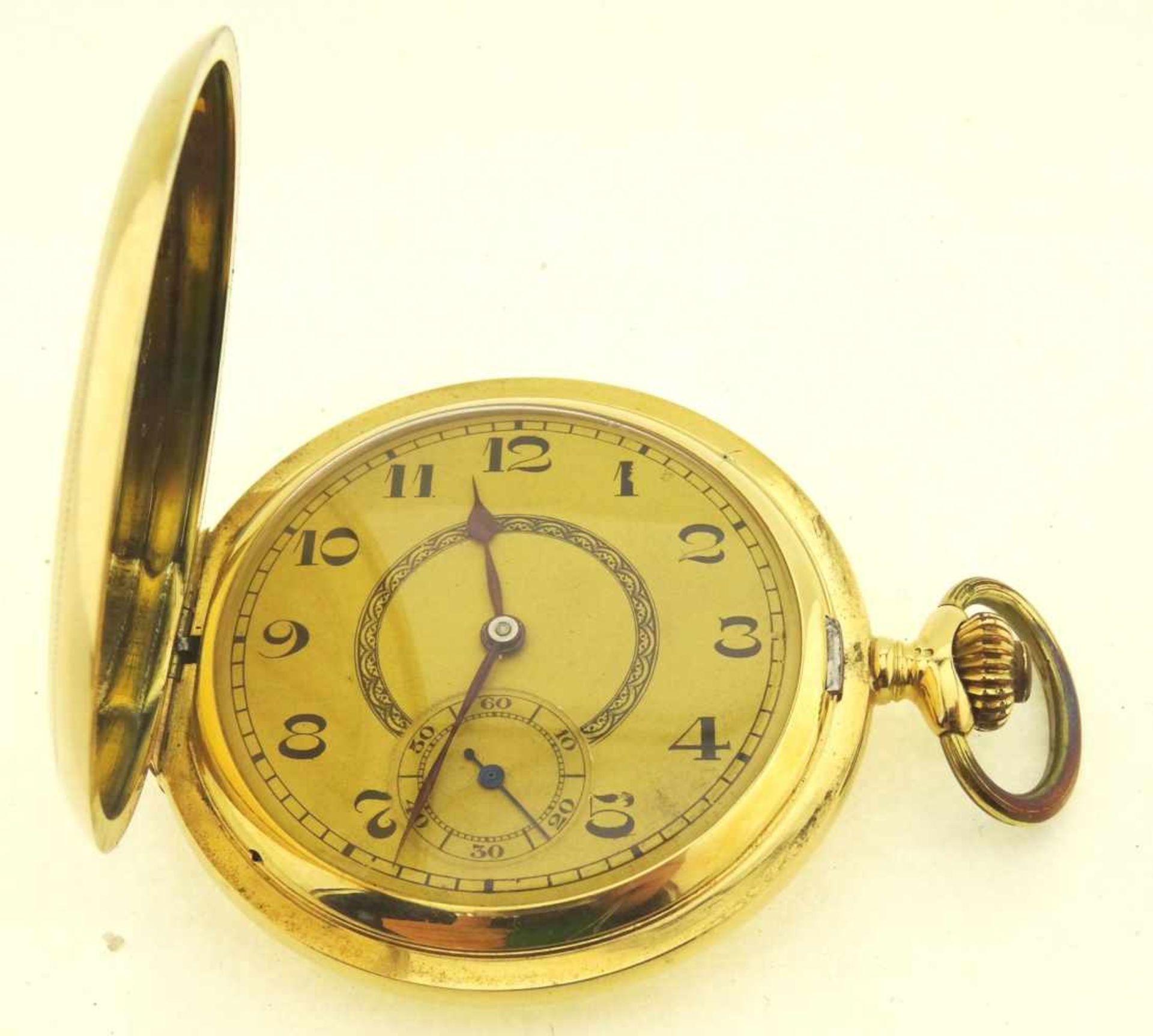Sprungdeckeltaschenuhr Gold 585 mit 3 Deckeln in Gold 585, Uhrwerk mit Ankerhemmung läuft gut,