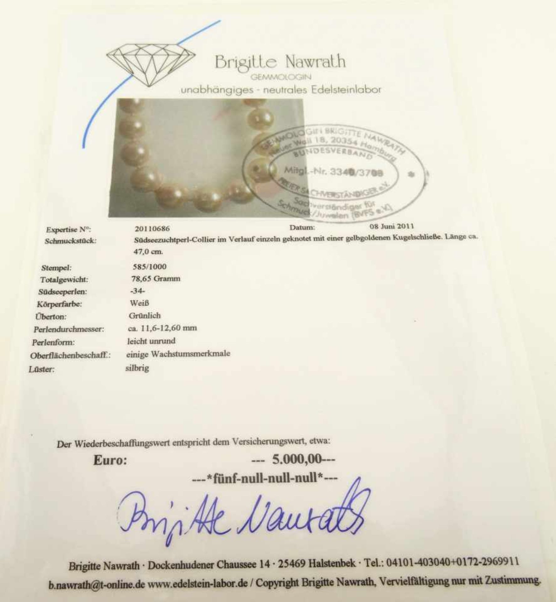 Tahiti- Südseezuchtperle weiß Collier mit 34 Perlen im Verlauf 11,6 auf 12,6mm, mit gelbgoldener - Bild 4 aus 4