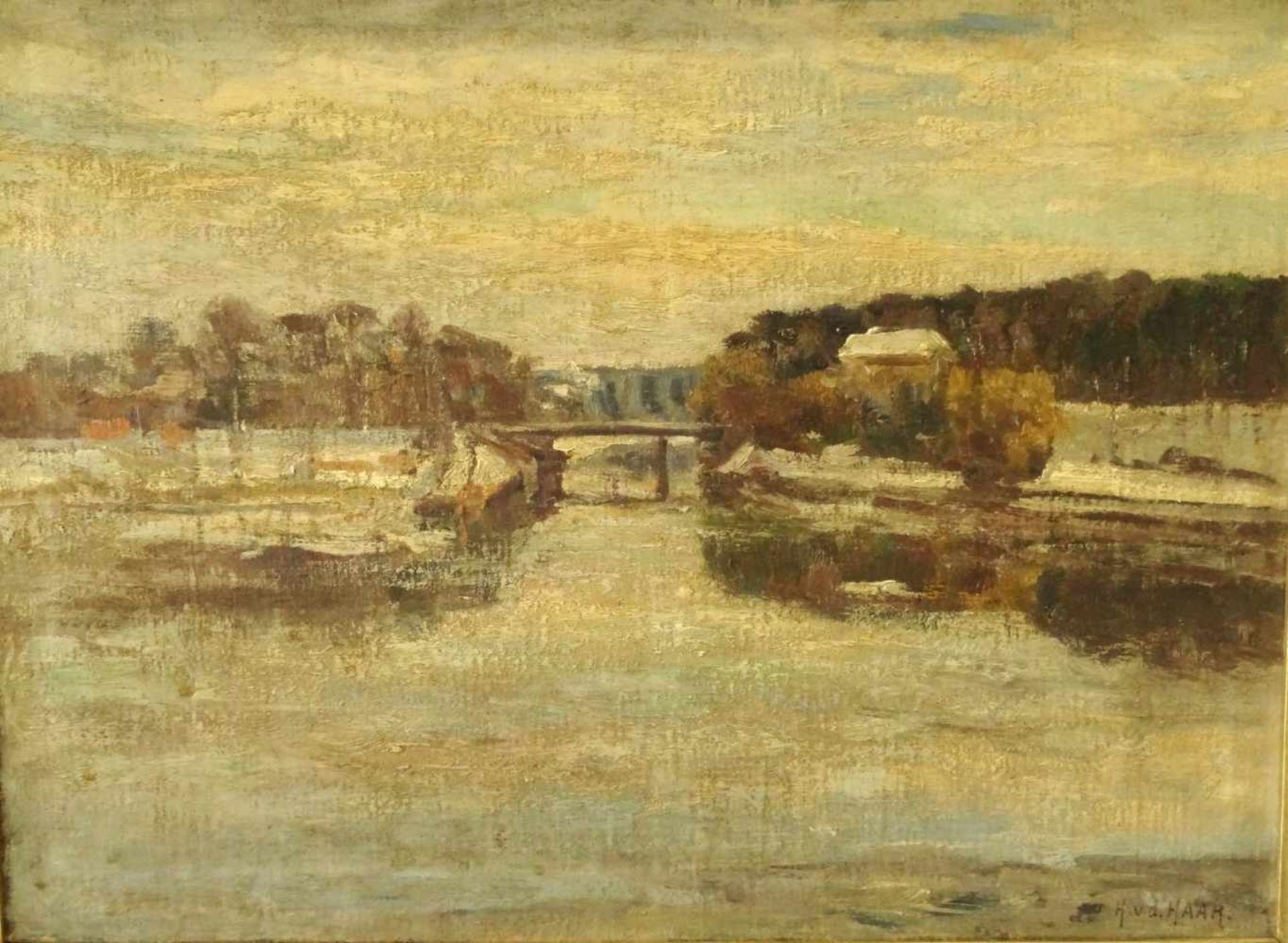 Ölbild See mit Brücke Rahmenmaß 73 x 58 cm, auf Leinwand 55 x 41 cm, H.v.d.Haar 1867 - 1938 in - Bild 2 aus 3