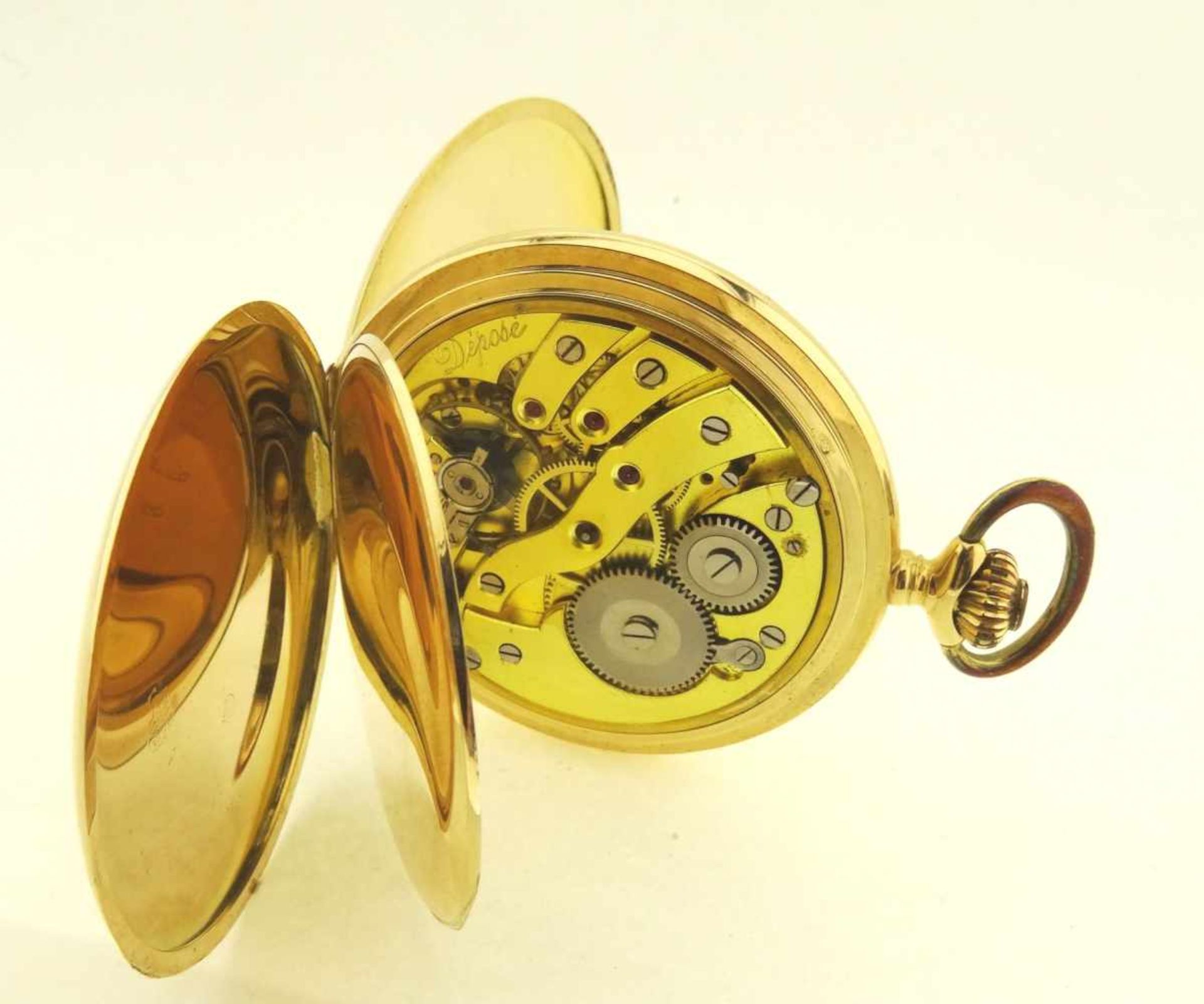Sprungdeckeltaschenuhr Gold 585 mit 3 Deckeln in Gold 585, Uhrwerk mit Ankerhemmung läuft gut, - Bild 3 aus 6