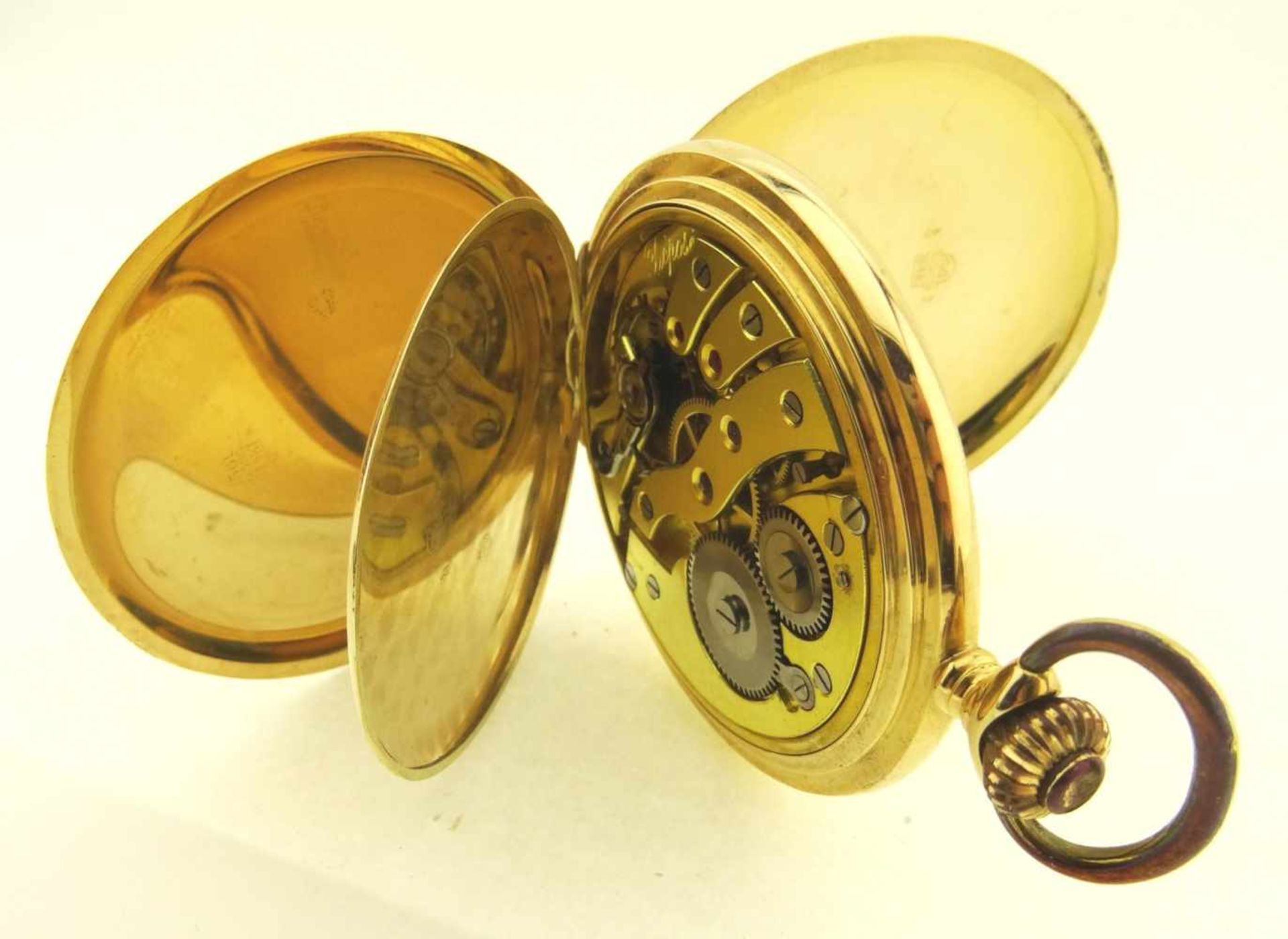 Sprungdeckeltaschenuhr Gold 585 mit 3 Deckeln in Gold 585, Uhrwerk mit Ankerhemmung läuft gut, - Bild 4 aus 6