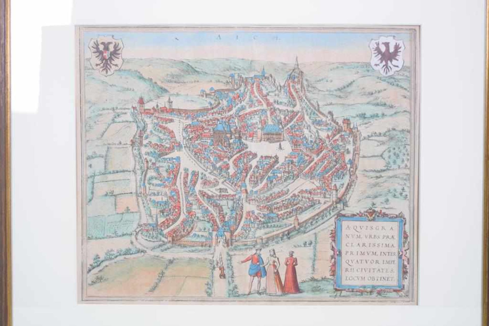 Alte Kolorierte Grafik "Aich" Aquisgra um 1600Stadtansicht Aachen um 1600, Kolorierte Grafik, Aich