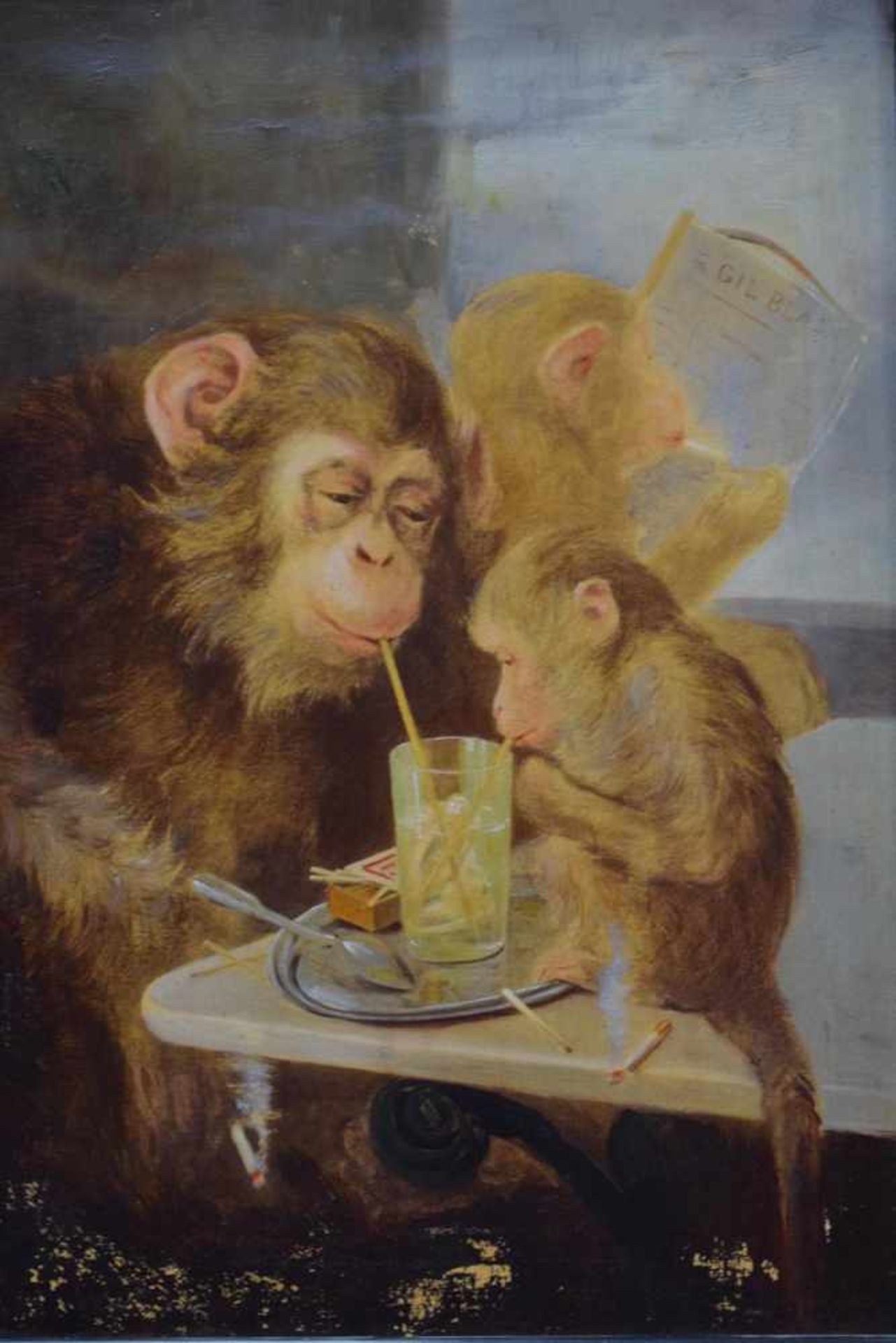 Anonymer Französischer Künstler des 19.Jh. "Die Affengruppe"Öl auf Leinwand, Alter 19.Jh. Signiert - Bild 2 aus 5