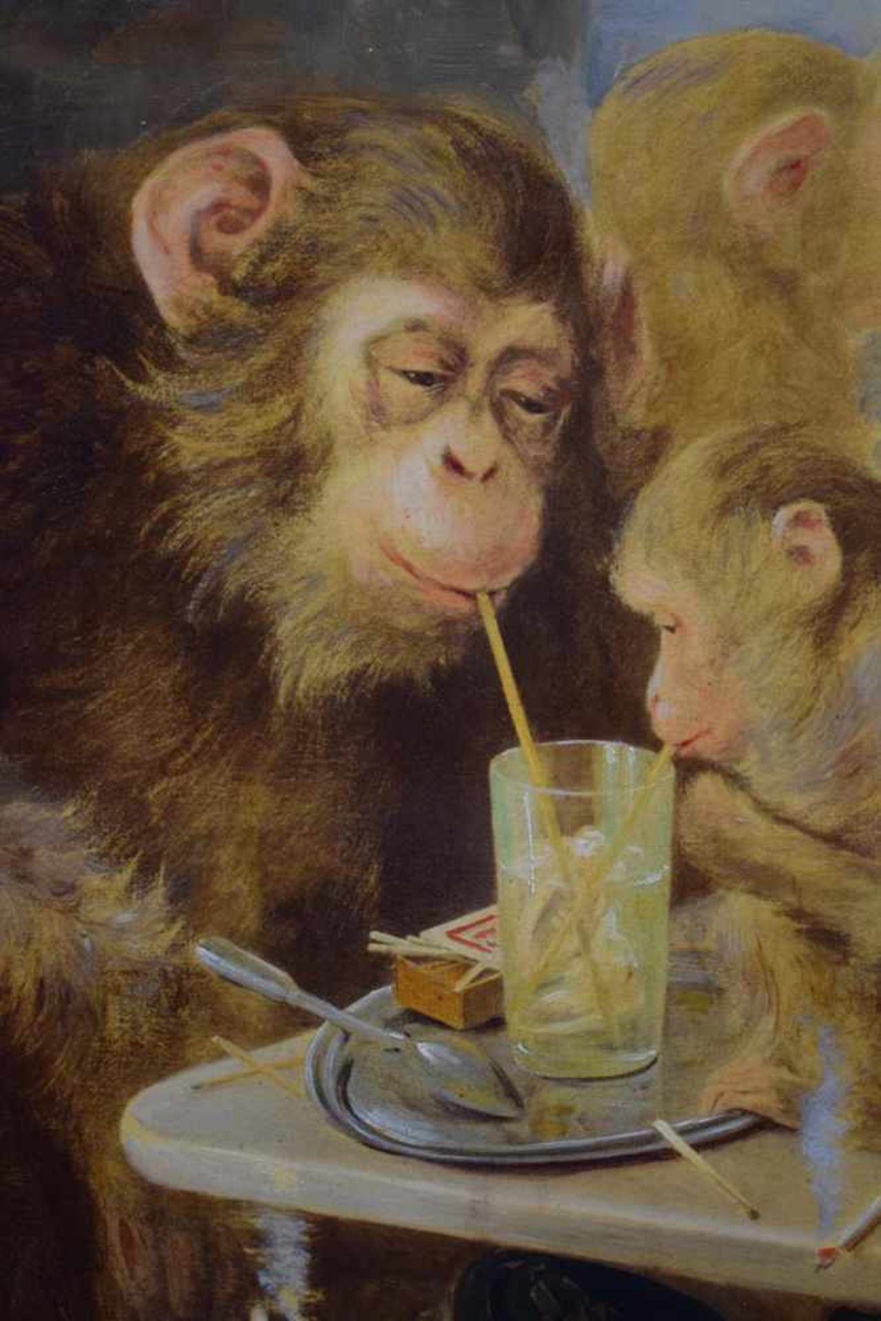 Anonymer Französischer Künstler des 19.Jh. "Die Affengruppe"Öl auf Leinwand, Alter 19.Jh. Signiert - Bild 3 aus 5