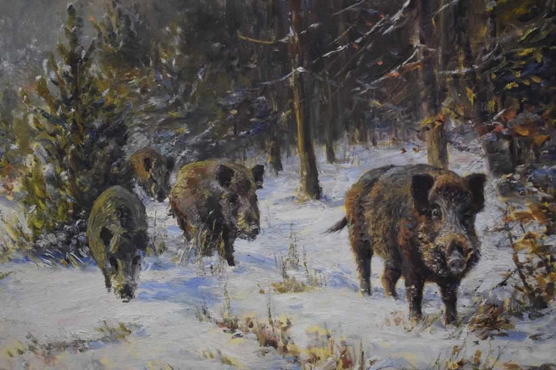Willi Lorenz (1901 - 1981) "Wildschweine am Waldrand"Öl auf Leinwand, unten rechts signiert: Willi - Bild 2 aus 3