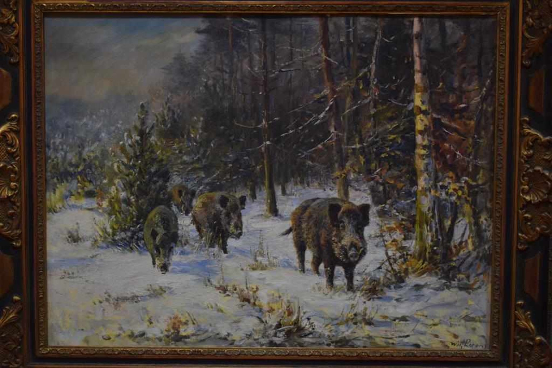 Willi Lorenz (1901 - 1981) "Wildschweine am Waldrand"Öl auf Leinwand, unten rechts signiert: Willi
