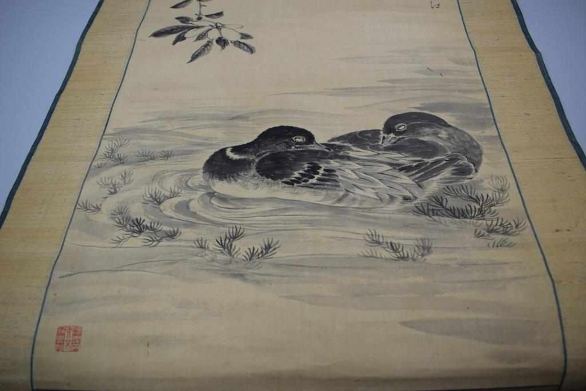 Kumagai Suiko (1775-1868) "Mandarinenenpaar" Japanisches Rollbild in Original HolzboxTusche auf