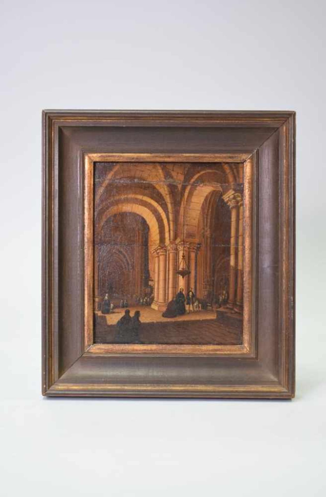 Englisches Kircheninterieur Monogramm "RL"Öl auf Holz mitte 19.Jh. Maße ca. 22 cm x 18 cm