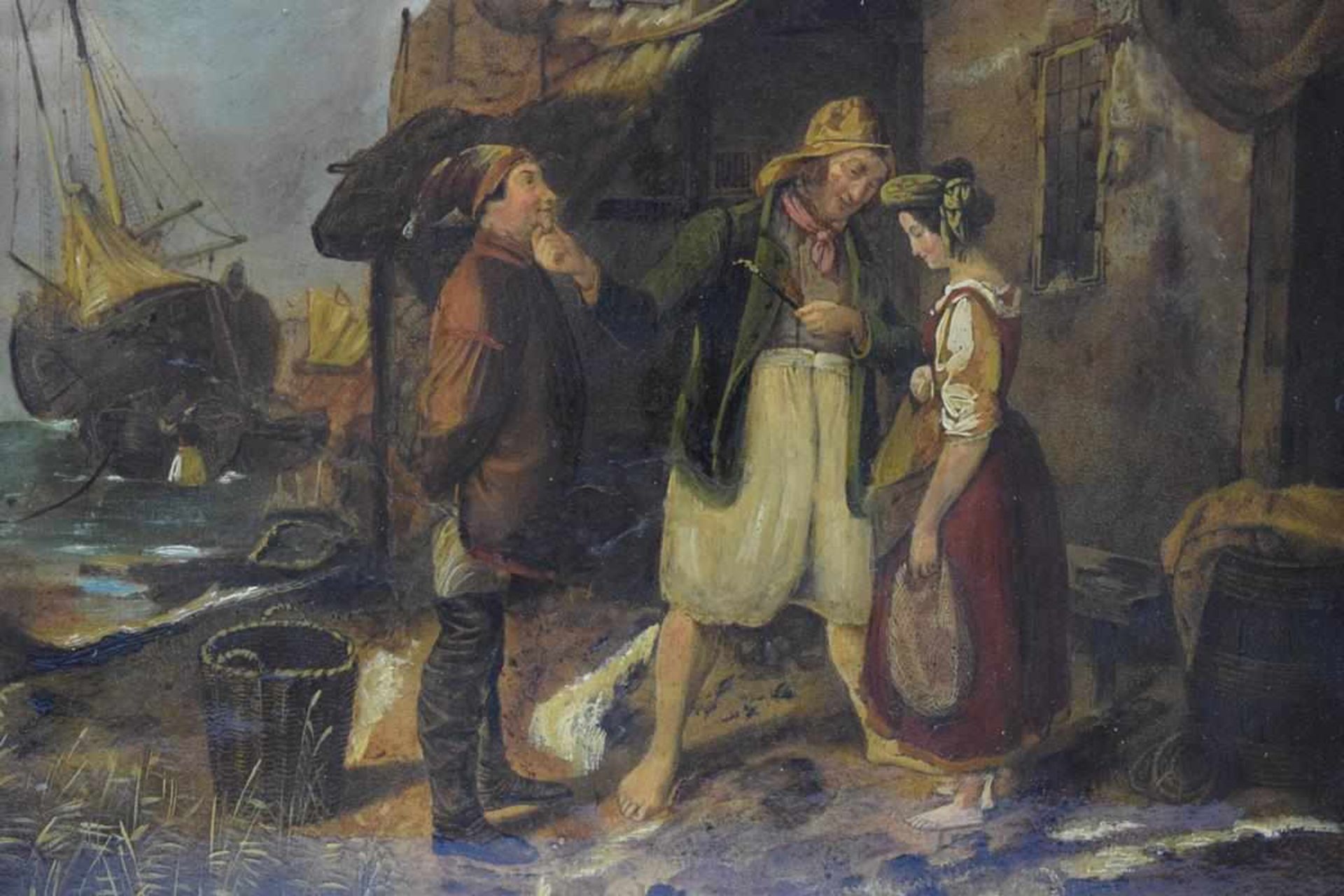 Ölgemälde "Verkuppler" umÖl auf Leinwand, im Hintergrund ein Segelschiff, Maße: 26,5 cm x 24 cm, - Bild 3 aus 3
