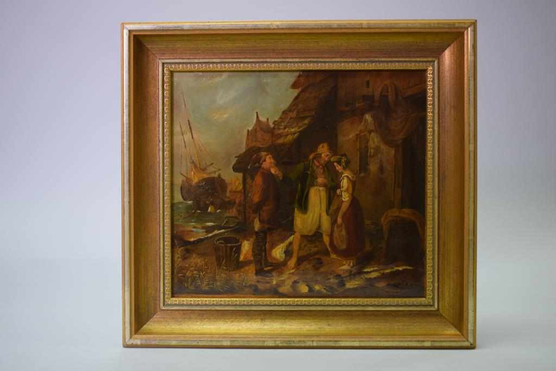 Ölgemälde "Verkuppler" umÖl auf Leinwand, im Hintergrund ein Segelschiff, Maße: 26,5 cm x 24 cm,