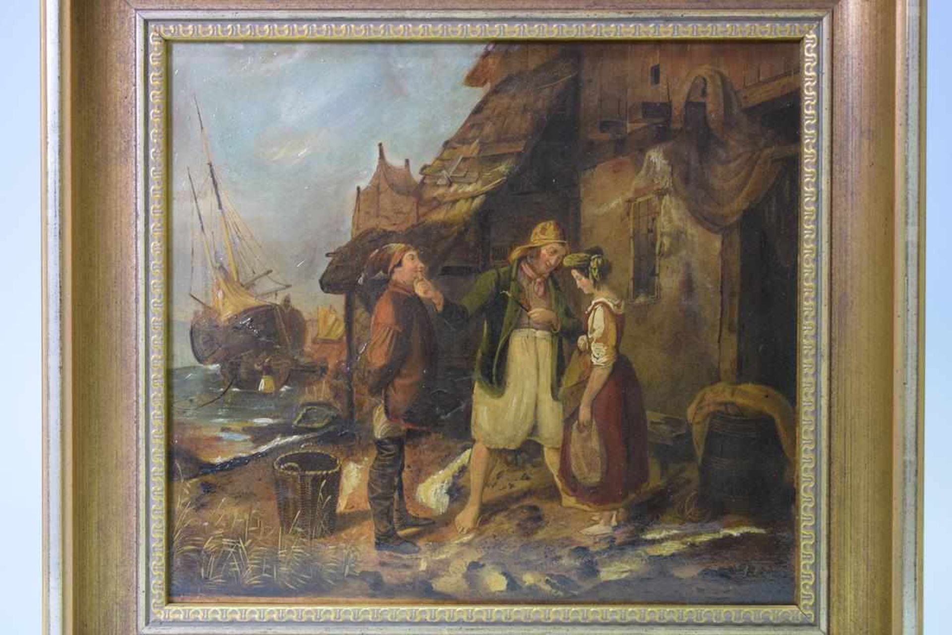 Ölgemälde "Verkuppler" umÖl auf Leinwand, im Hintergrund ein Segelschiff, Maße: 26,5 cm x 24 cm, - Bild 2 aus 3