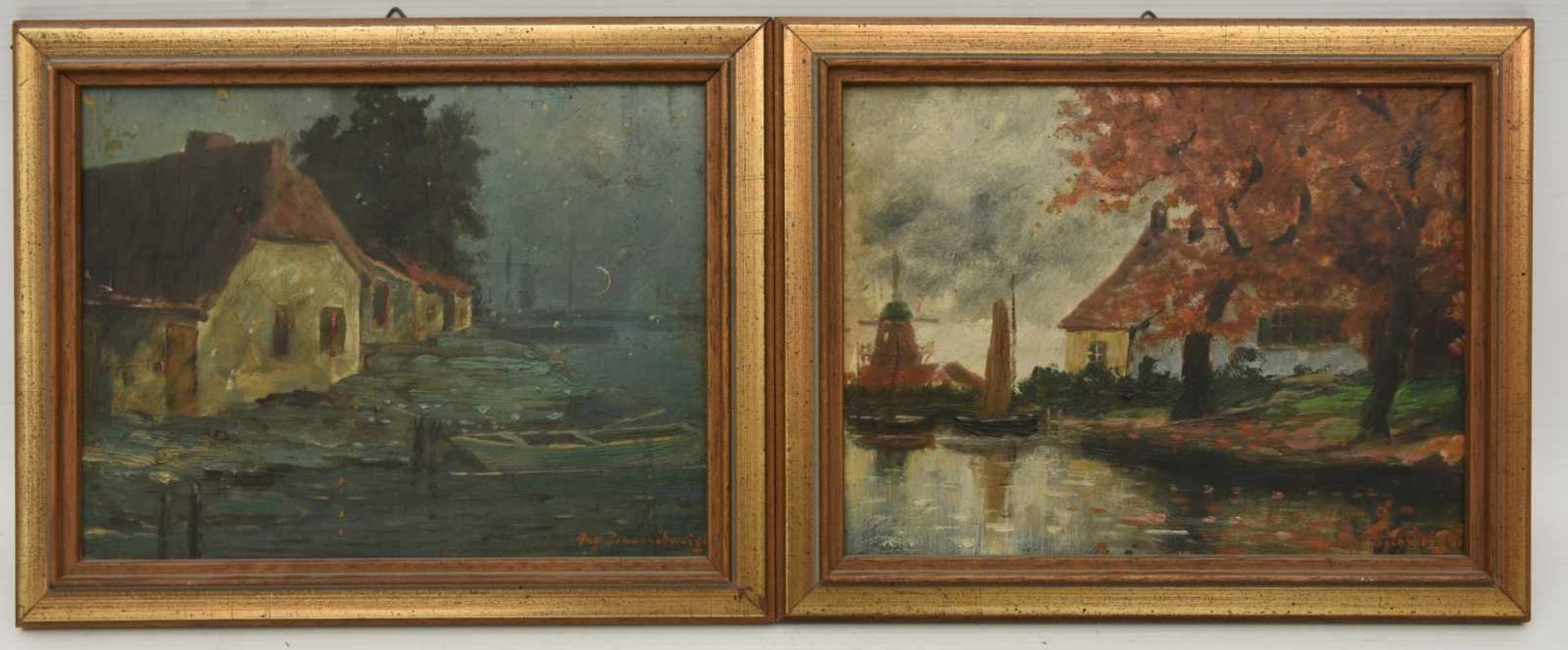 AUGUST BRAUNSCHWEIGER:", Zwei holländische Landschaftszenen", Öl auf Holz, gerahmt und signiert,