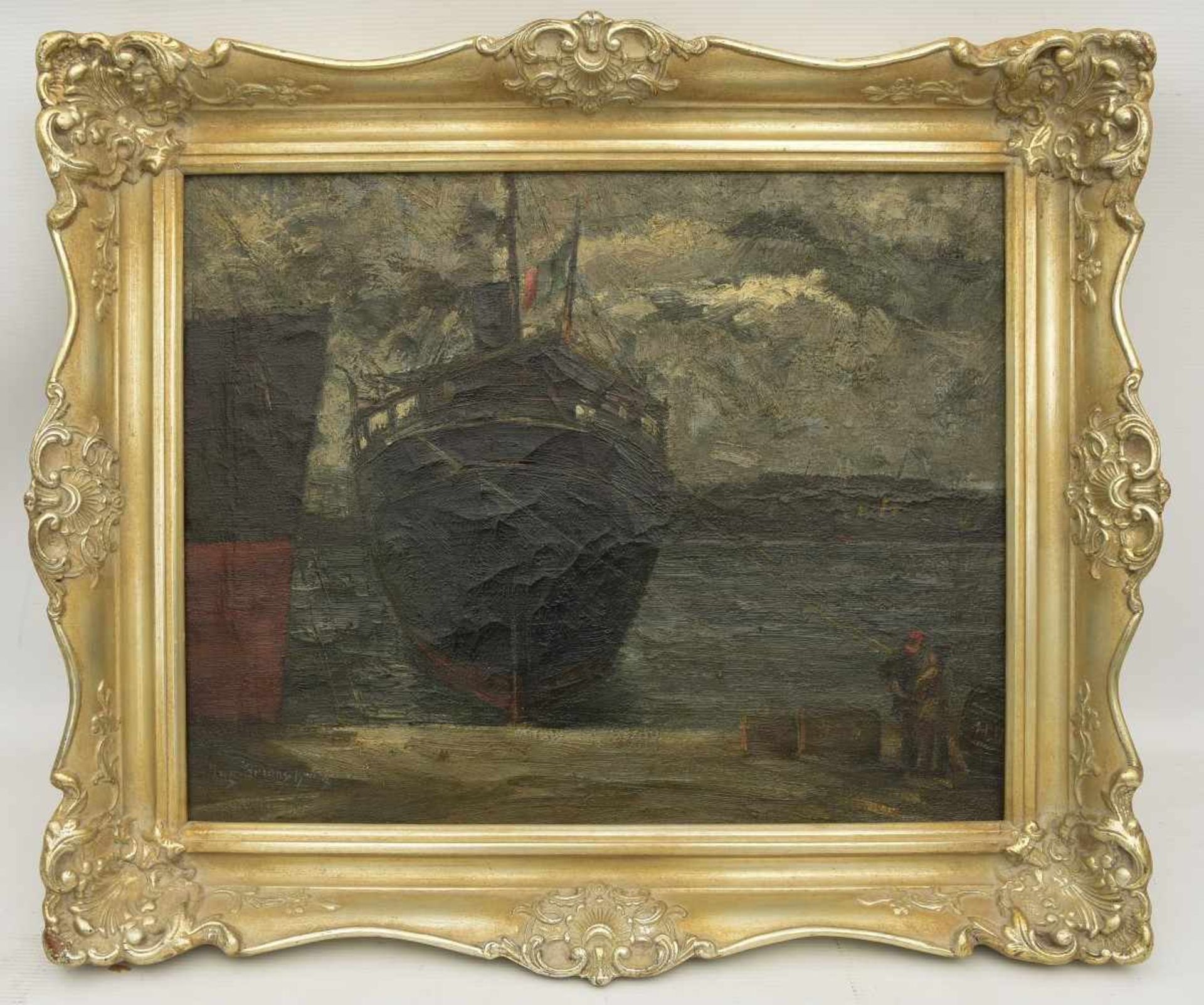 AUGUST BRAUNSCHWEIGER,"Italienischer Frachter im Hafen", Öl auf Leinwand, gerahmt, mehrfach signiert