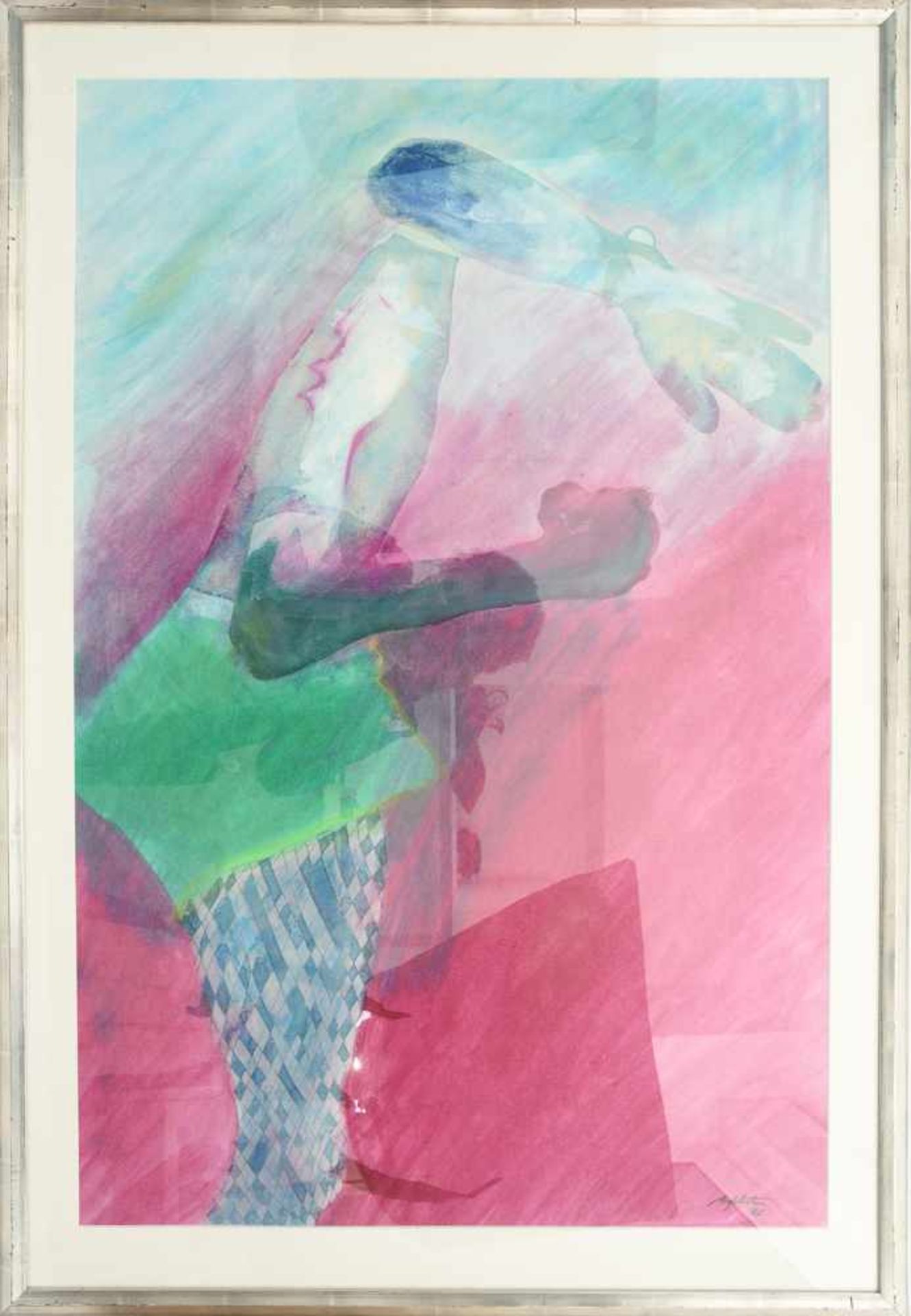 MANUEL BAPTISTA, "Surreale Figur mit Handkopf", Aquarell/Mischtechnik auf Papier, hinter Glas in
