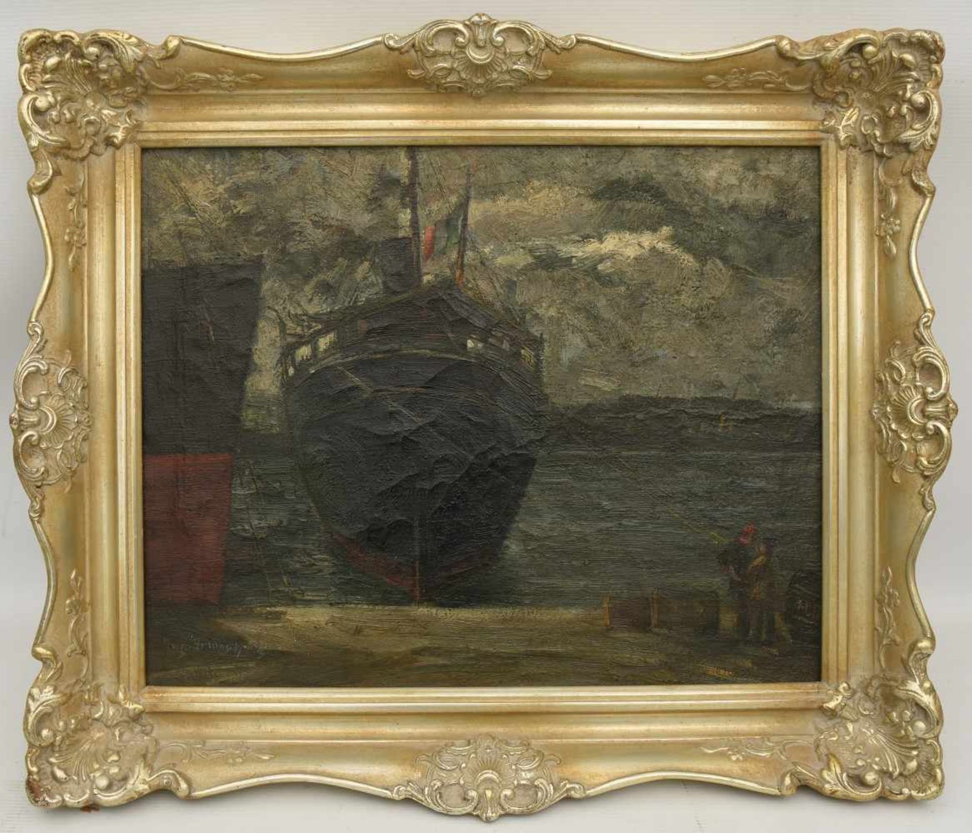 AUGUST BRAUNSCHWEIGER,"Italienischer Frachter im Hafen", Öl auf Leinwand, gerahmt, mehrfach signiert - Bild 23 aus 33