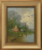 EUGEN FRANK-COLON, "Enten am Weiher", Öl auf Holzplatte, gerahmt und signiert, um 1920