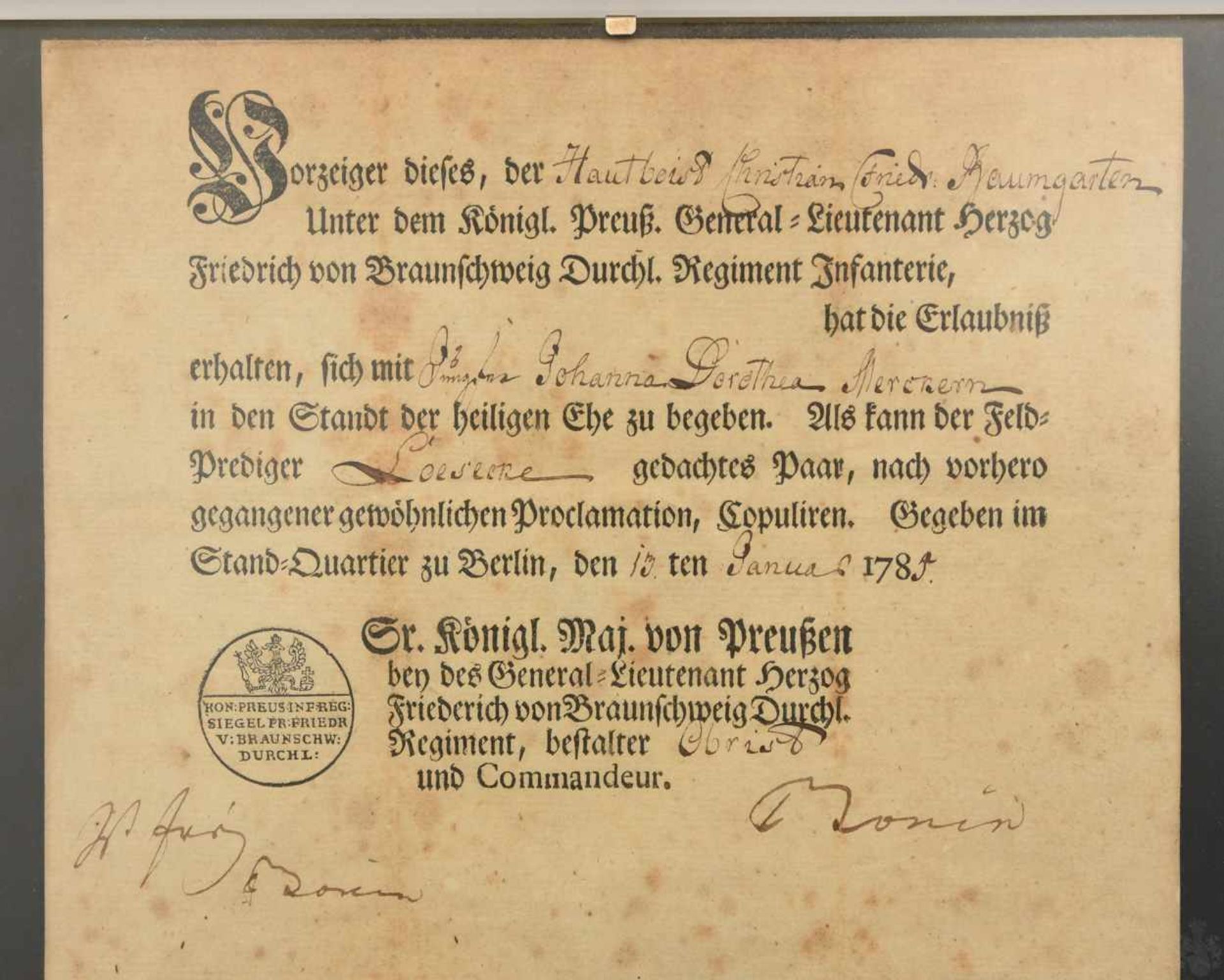 SCHRIFTEN, mit Tinte beschriebenes Papier hinter Glas gerahmt, Berlin/Preussen 1785 Gedruckte - Image 2 of 4