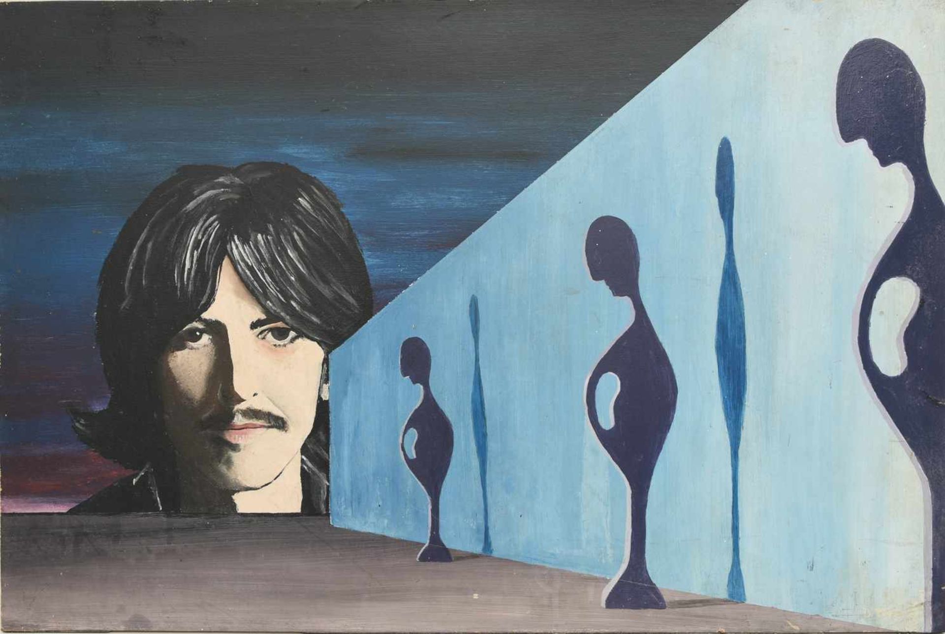 THE BEATLES - GEORGE HARRISON PAINTING+ GUITAR BOOK, Öl auf Pressspan, datiert / - Bild 3 aus 5