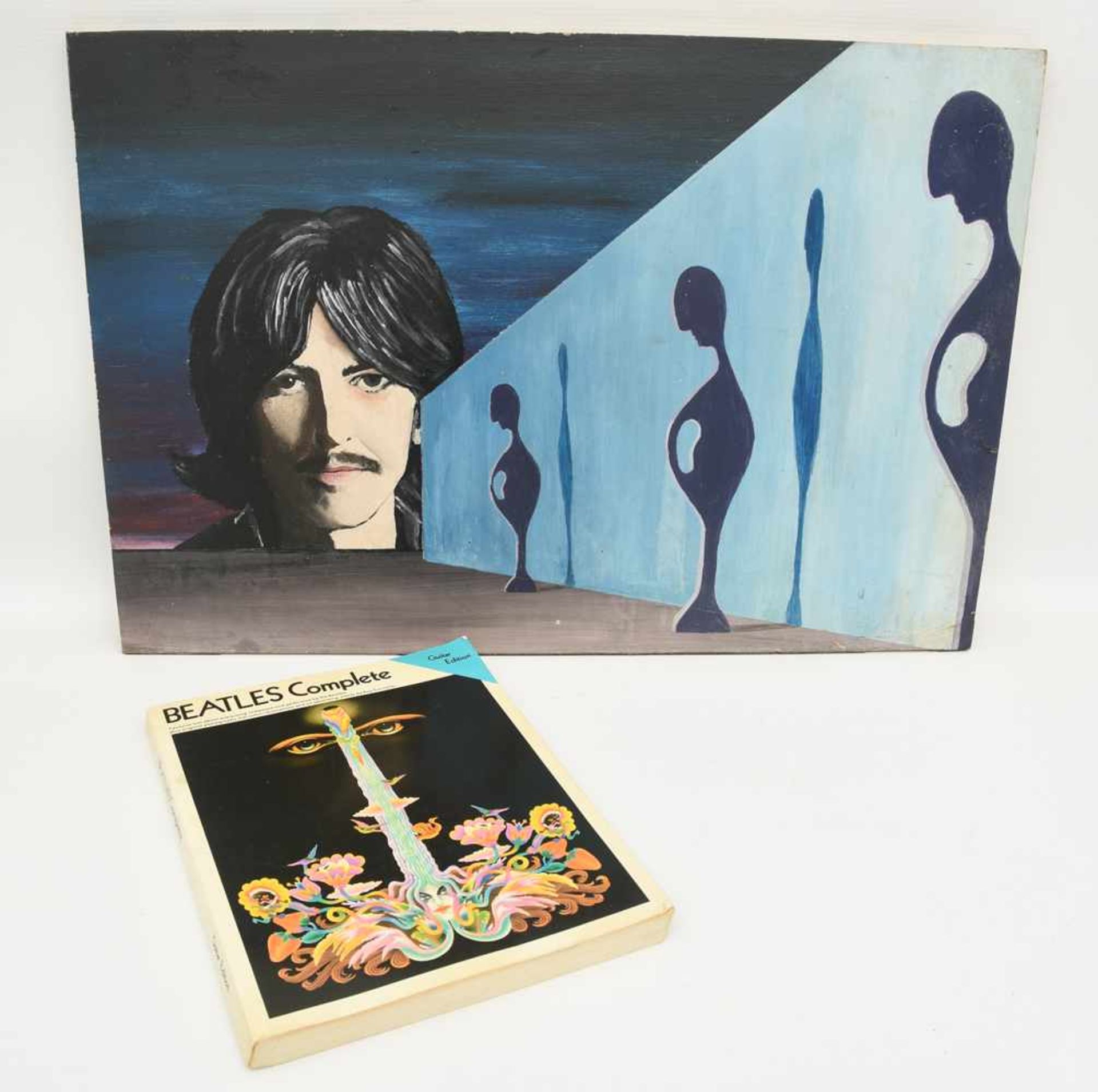 THE BEATLES - GEORGE HARRISON PAINTING+ GUITAR BOOK, Öl auf Pressspan, datiert /